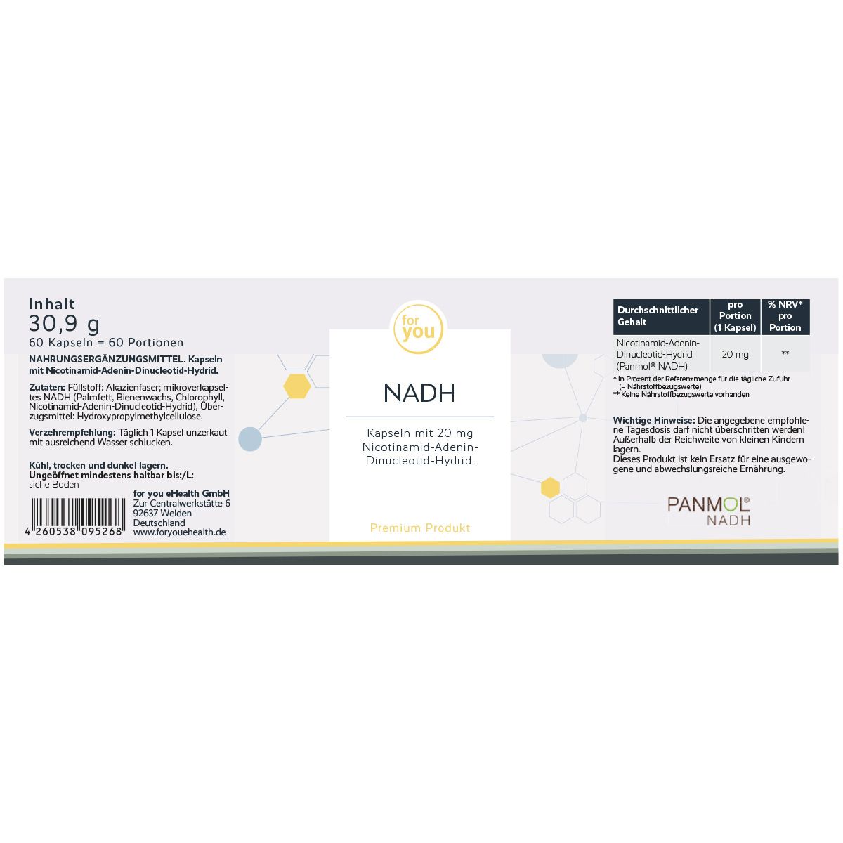 Weiße Verpackung mit "for you" und "NADH". Text: 60 Kapseln, 30,9g. Nährwertangaben und Inhaltsstoffe.