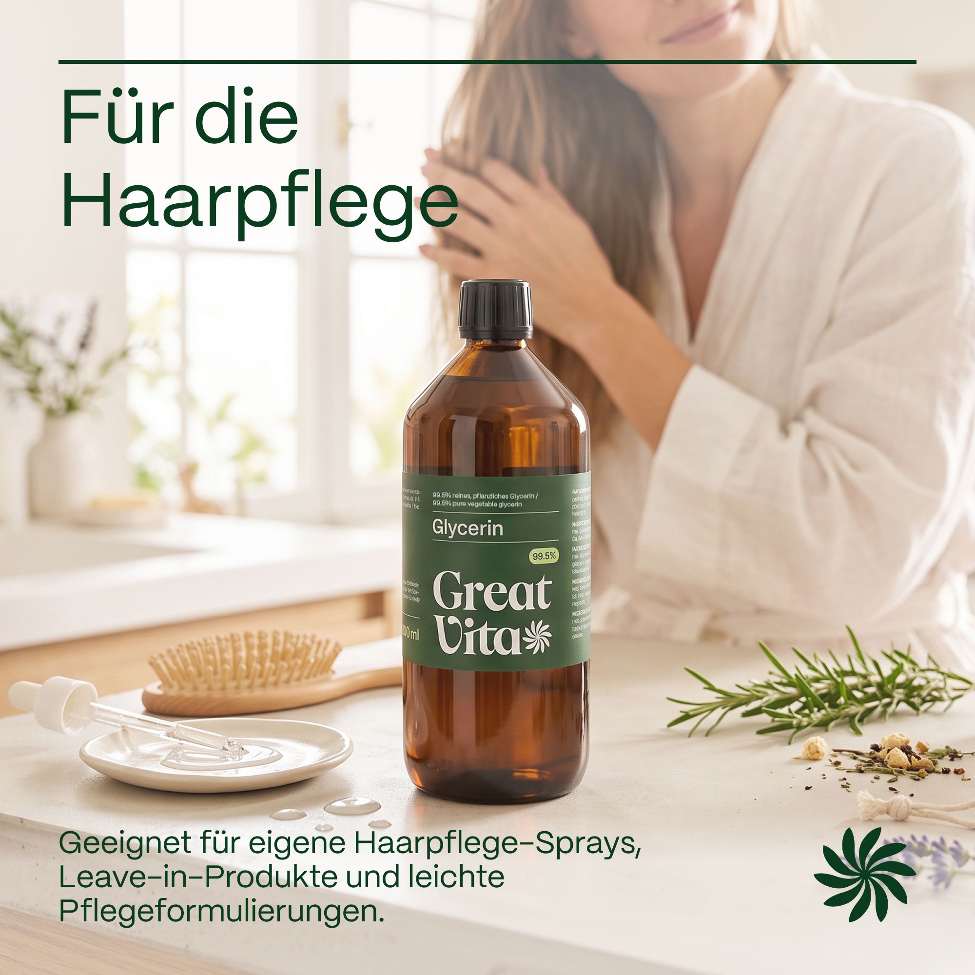 Glycerin-Flasche neben Haarpflegeprodukten und einer Frau mit langen Haaren.