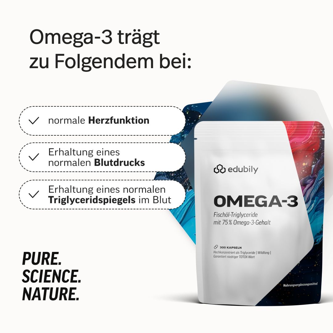 Verpackung von edubily® Omega-3 Fischölkapseln. Unterstützt normale Herzfunktion, Blutdruck und Triglyceridspiegel.