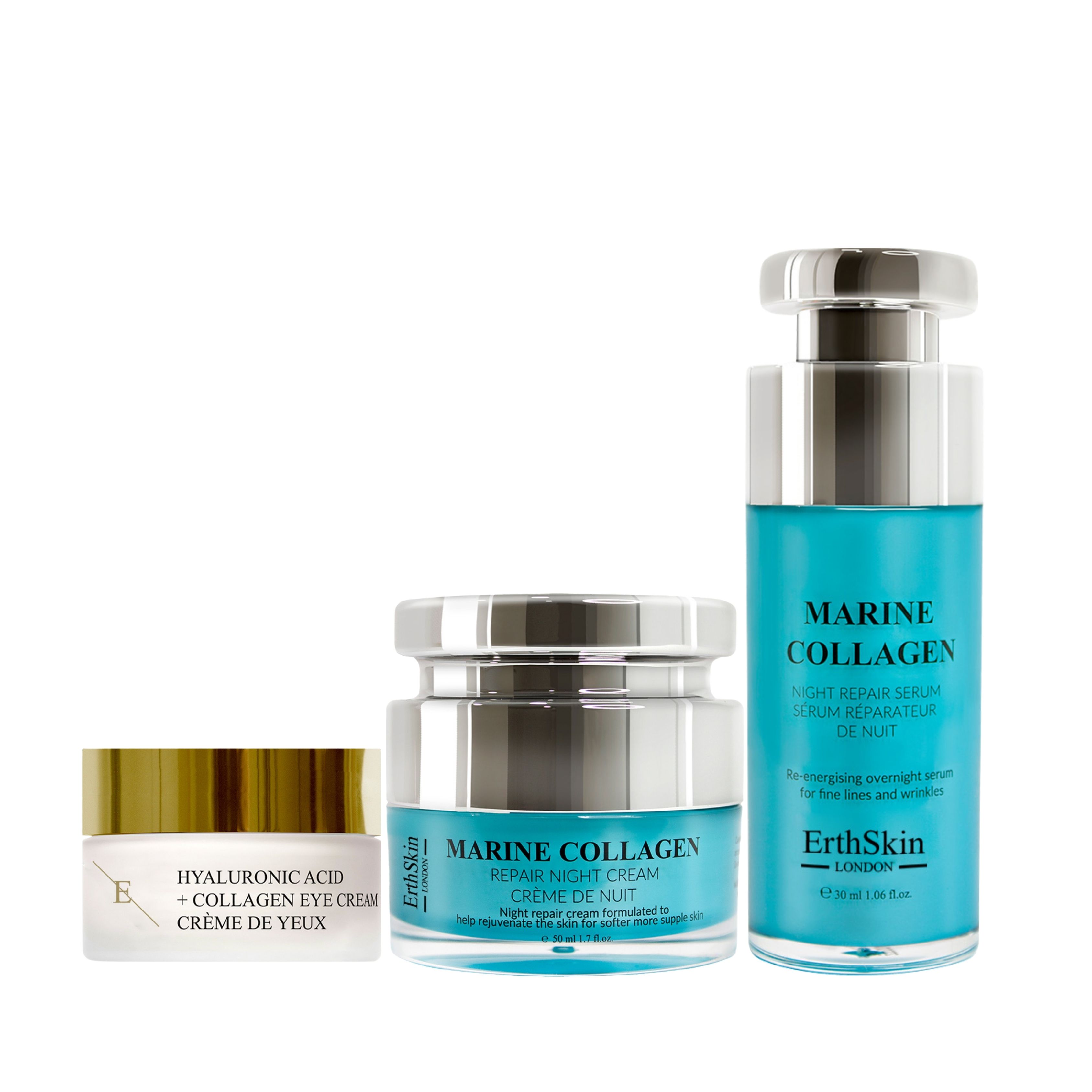 ErthSkin London Marine Nachtcreme + Hyaluron Augencreme + Marine Collagen Night Repair Serum set