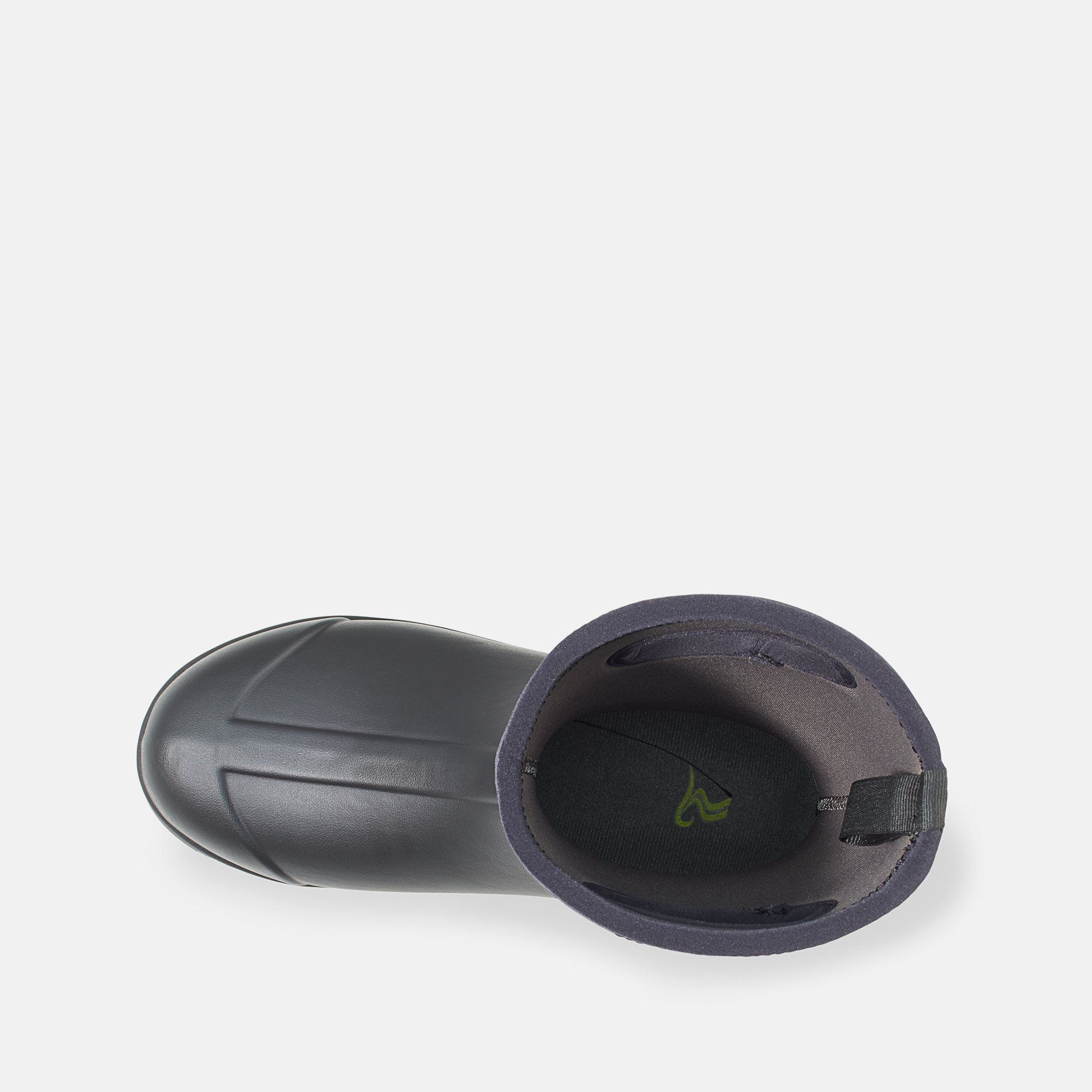 Schwarzer Damenstiefel, breite Passform. Blick von oben in den Schaft. Innenfutter grau.