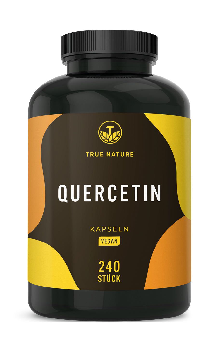 Schwarze Flasche mit gelb-braunem Etikett. Aufschrift: TRUE NATURE Quercetin Kapseln, vegan, 240 Stück.