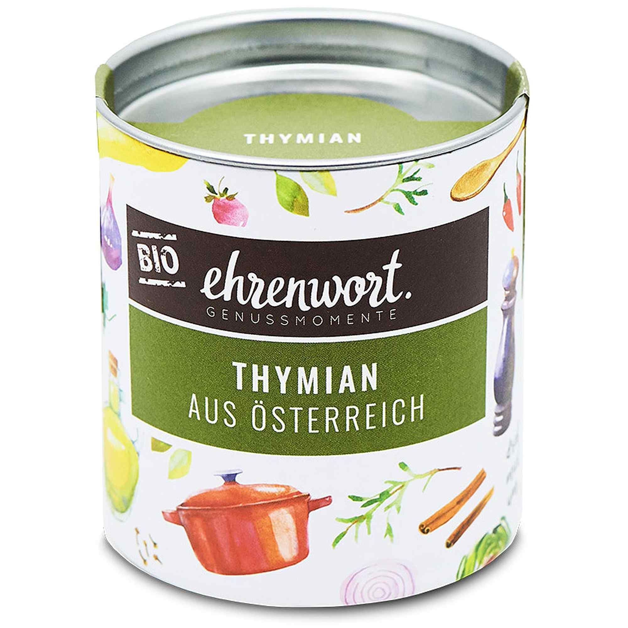 Zylindrische Dose mit Thymian. Aufschrift: BIO, ehrenwort, Thymian aus Österreich. Illustrationen von Kräutern und Kochutensilien.