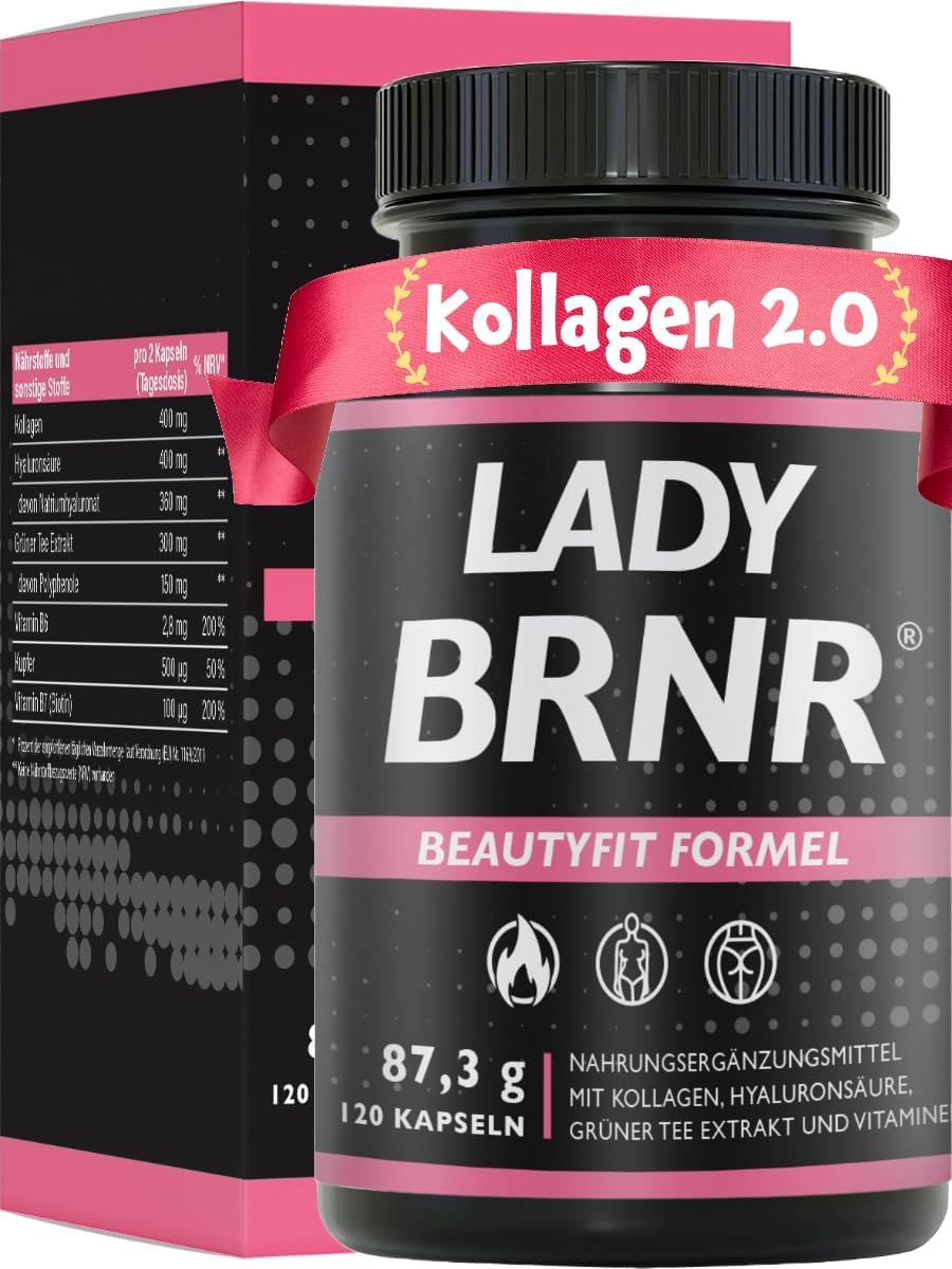 Schwarze Flasche mit pinkfarbenem Etikett. Text: LADY BRNR, BEAUTYFIT FORMEL, 120 Kapseln. Text: Kollagen 2.0. Pinkfarbenes Band.