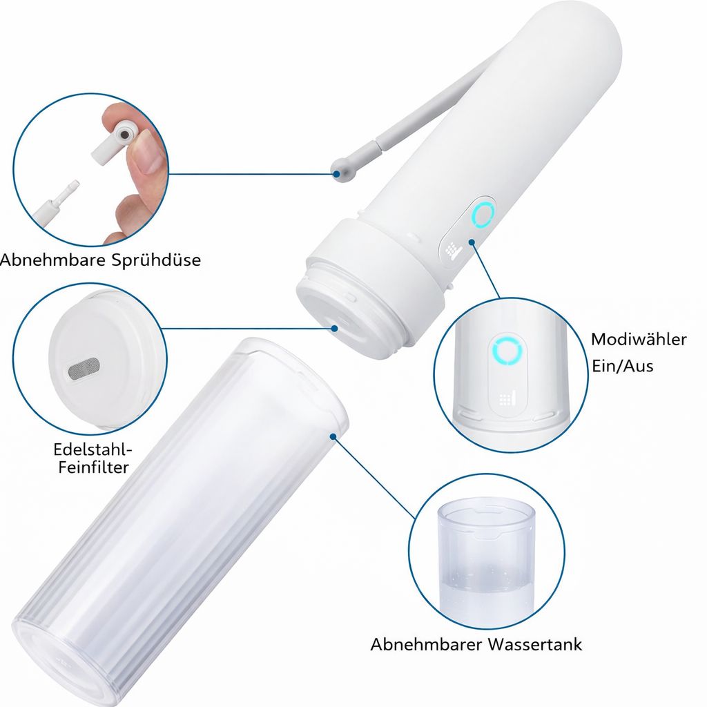 Tragbares Bidet, weiß. Abnehmbare Sprühdüse, Wassertank und Edelstahl-Feinfilter. Modusauswahl und Ein/Aus-Taste.