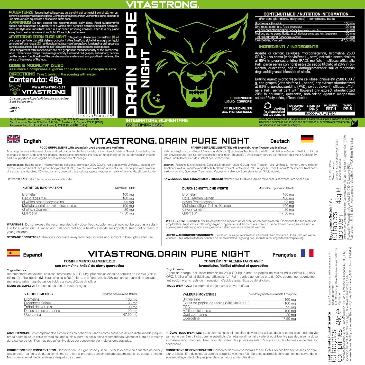 Vitastrong Drainpure Night. Packung mit 60 Tabletten. Produktinformationen in Englisch, Deutsch, Spanisch und Französisch.