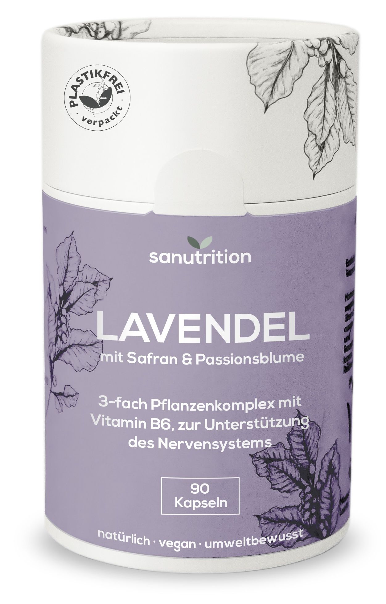 Zylindrische Dose mit Lavendel-Kapseln. Aufschrift: LAVENDEL mit Safran & Passionsblume. 90 Kapseln. Vegan, umweltbewusst.