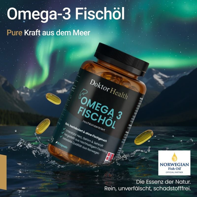 Braune Flasche mit Omega-3 Fischöl Kapseln. Schwarzer Deckel, gelbe Kapseln. Hintergrund: Wasser, Berge, Nordlichter. Text: Doktor Health, Omega 3 Fischöl.