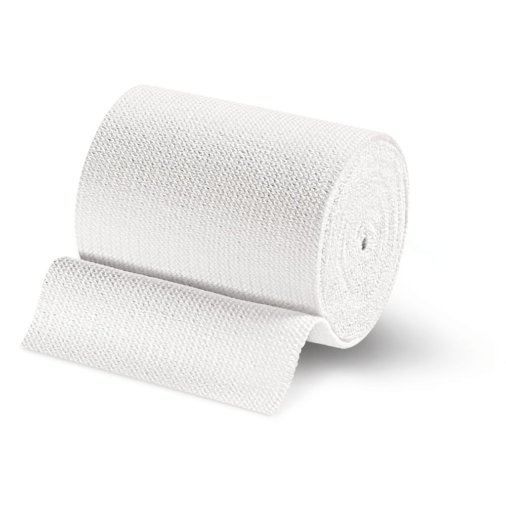 Eine weiße, elastische Binde, aufgerollt mit einem losen Ende.