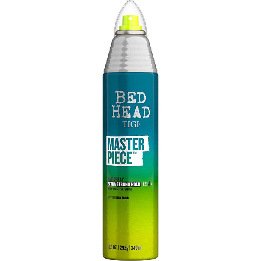 Tigi Bed Head Masterpiece Haarspray. Blaue, grüne Dose mit silbernem Sprühkopf. Text: Masterpiece, Extra Strong Hold. 10.3 oz/292g/340ml.