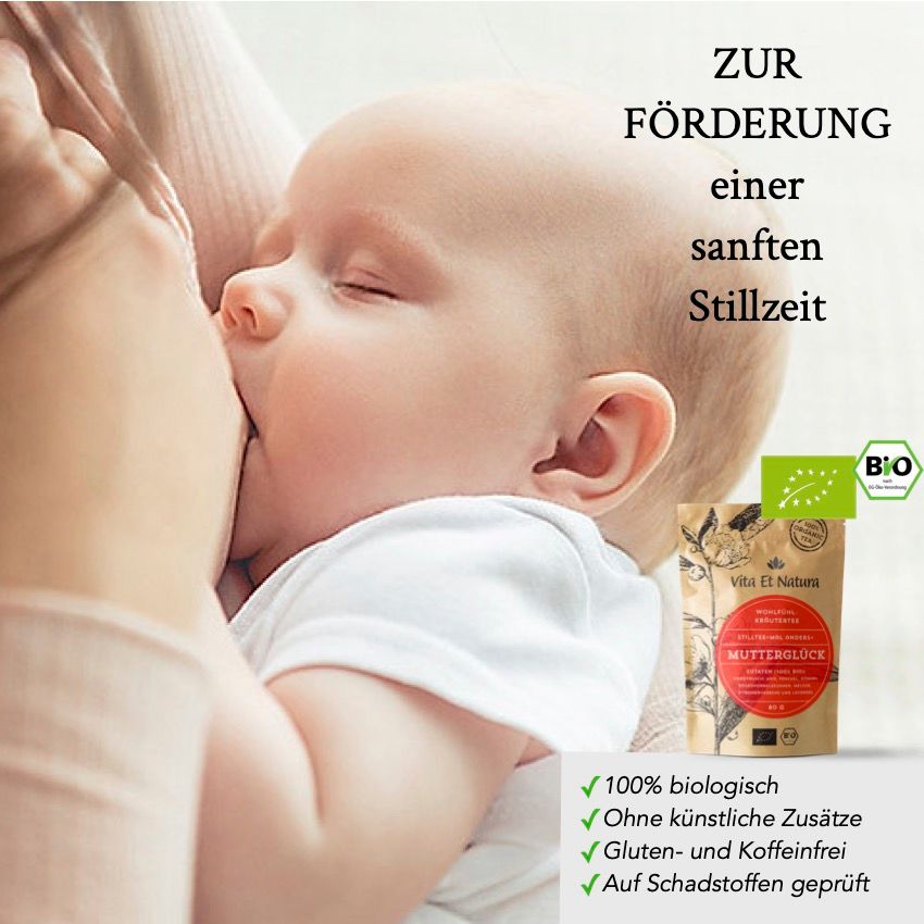 Baby trinkt an der Brust. Bio Stilltee "Mutterglück" in brauner Verpackung mit Bio-Siegel.