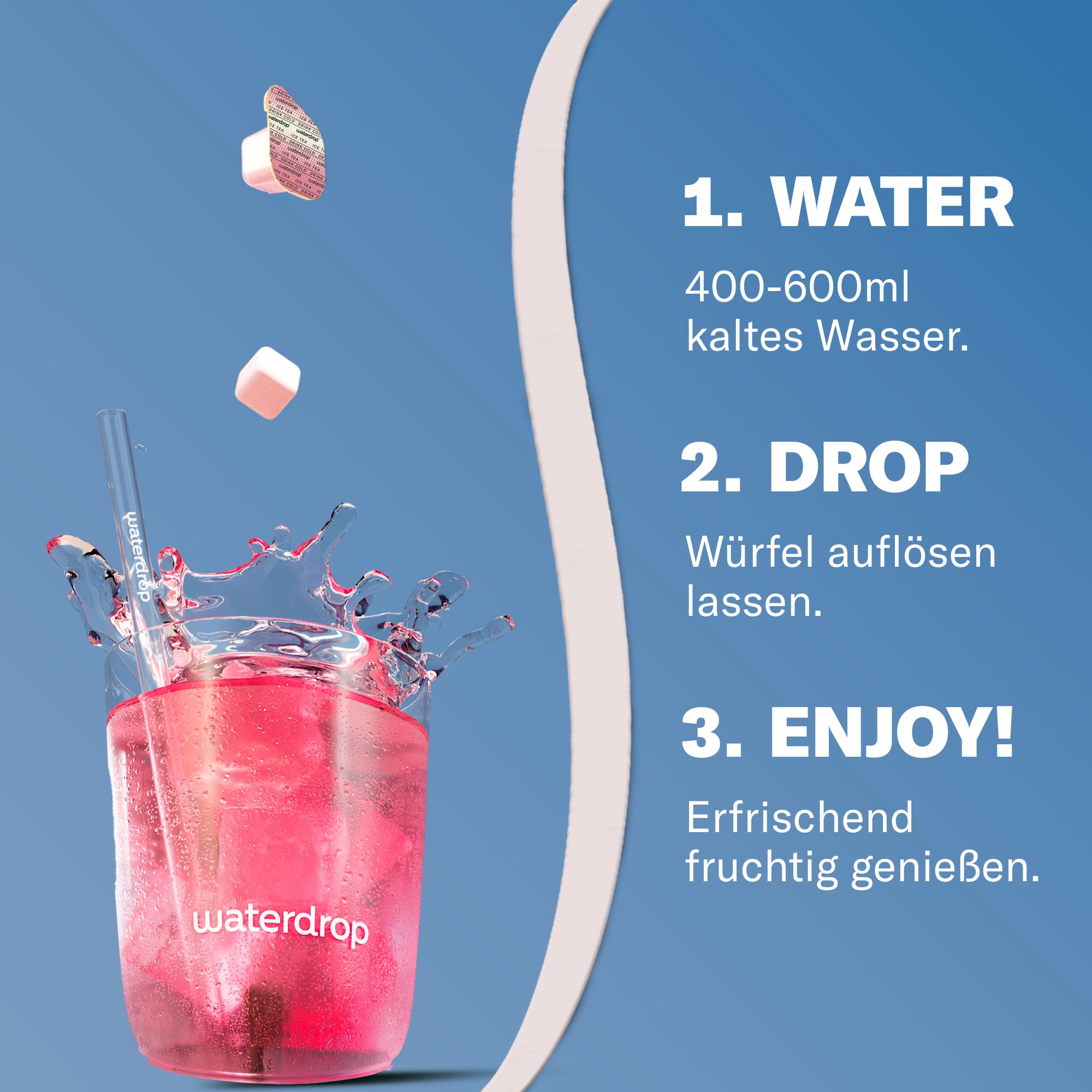 Glas Eistee mit Würfeln. Schritte: 1. Wasser, 2. Drop, 3. Enjoy! Text: Erfrischend fruchtig genießen. waterdrop®-Logo.