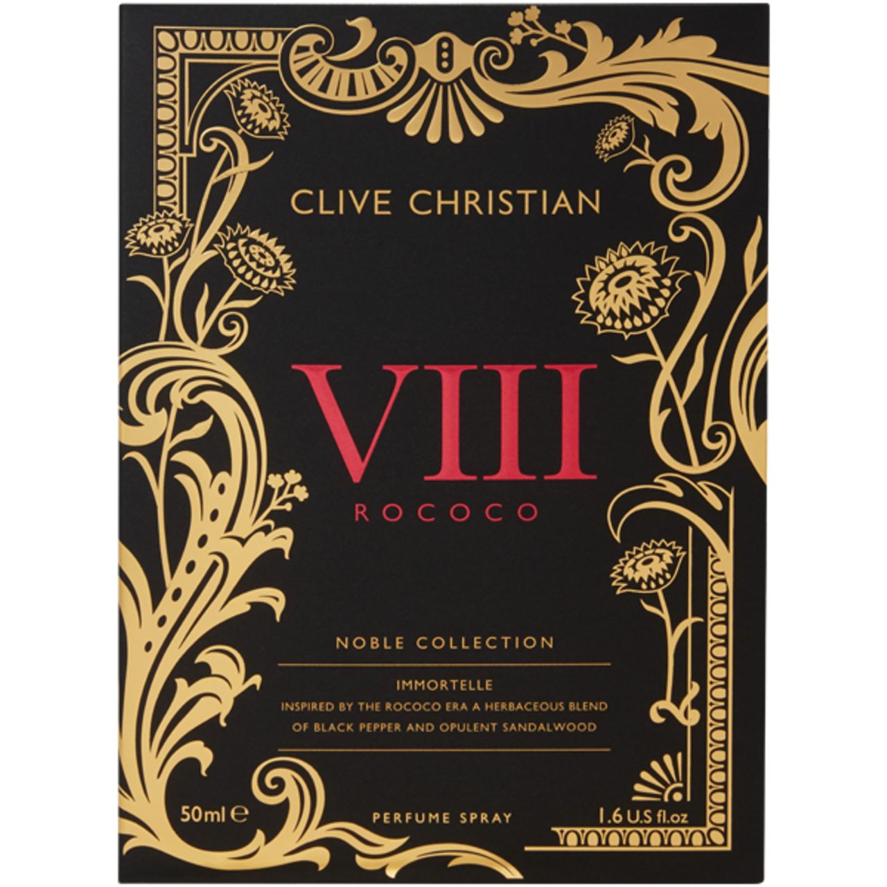 Schwarze Schachtel mit goldenen Verzierungen. Text: Clive Christian, VIII ROCOCO, Noble Collection, Immortelle, 50ml, 1.6 US fl.oz.