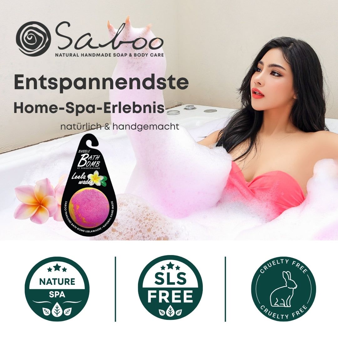 Frau in Badewanne mit Schaum. Logo: Saboo Natural Handmade Soap & Body Care. Logos: Nature Spa, SLS Free, Cruelty Free.