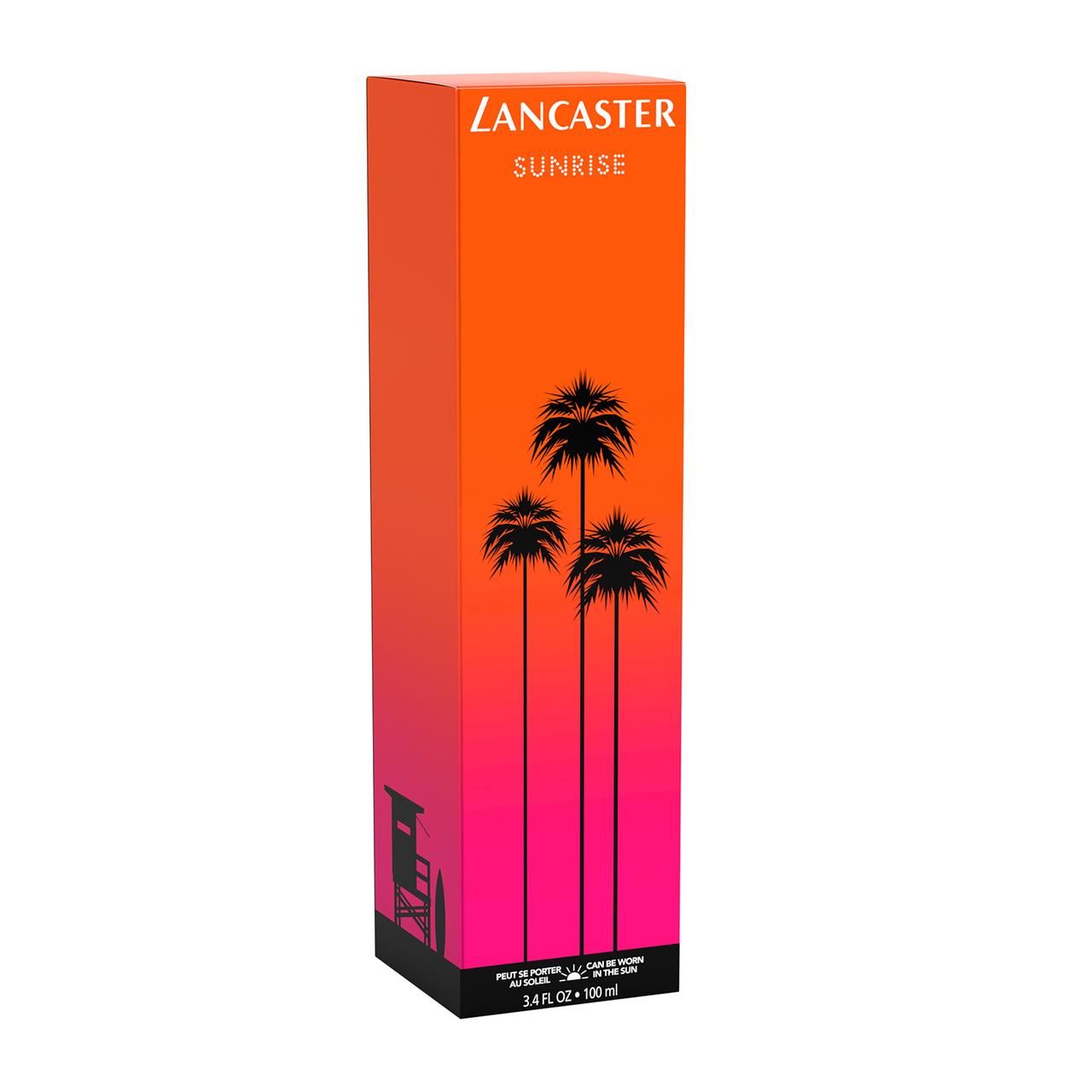 Lancaster Sunrise E.d.T. Nat. Spray. Rechteckige Verpackung mit Palmen-Motiv. Orange, pink und schwarz. Marke und Produktname sichtbar.