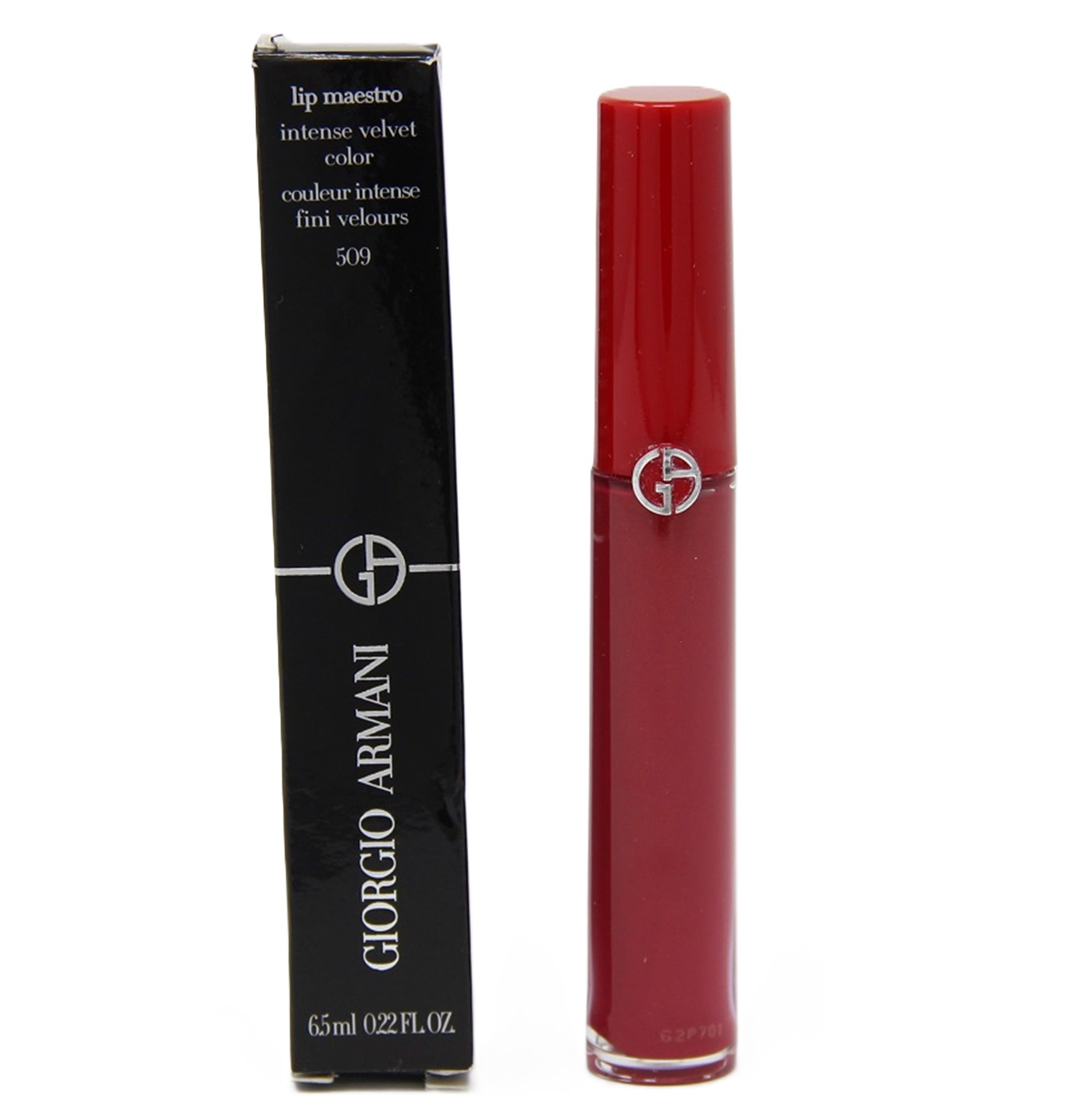 Lippenstift mit roter Hülse und schwarzer Verpackung. Auf der Verpackung steht "GIORGIO ARMANI lip maestro intense velvet color 509".