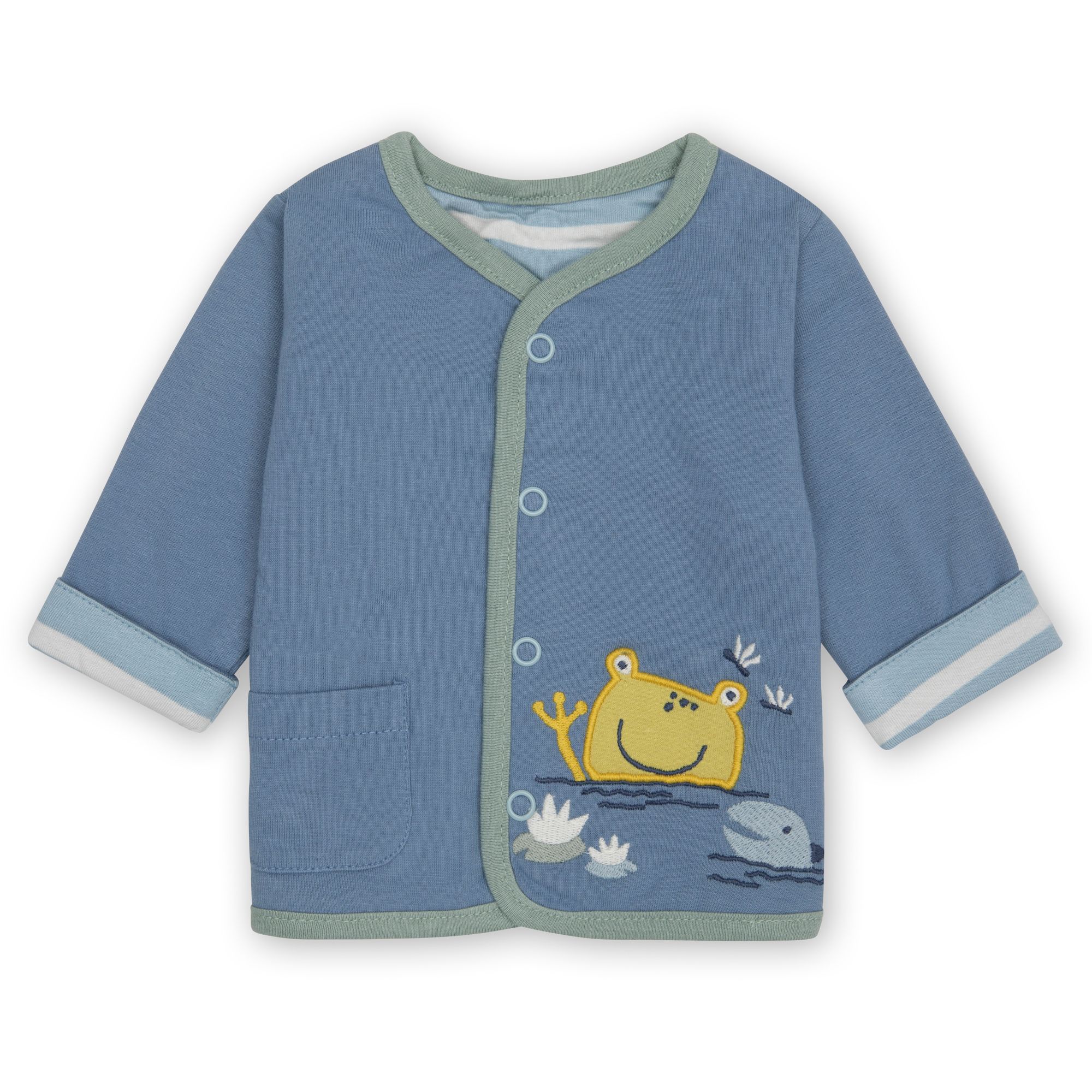 Blaue Wendejacke mit Frosch-Applikation. Grüne Einfassung, Knöpfe. Aufschlag an den Ärmeln. Hellblauer Kragen.