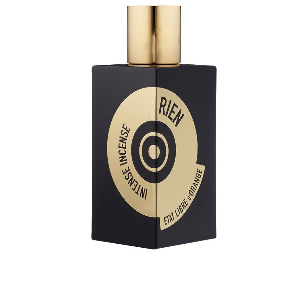 Schwarzer Flakon mit goldenem Verschluss. Aufdruck: INTENSE INCENSE, RIEN, ETAT LIBRE D'ORANGE. Goldfarbenes rundes Logo.