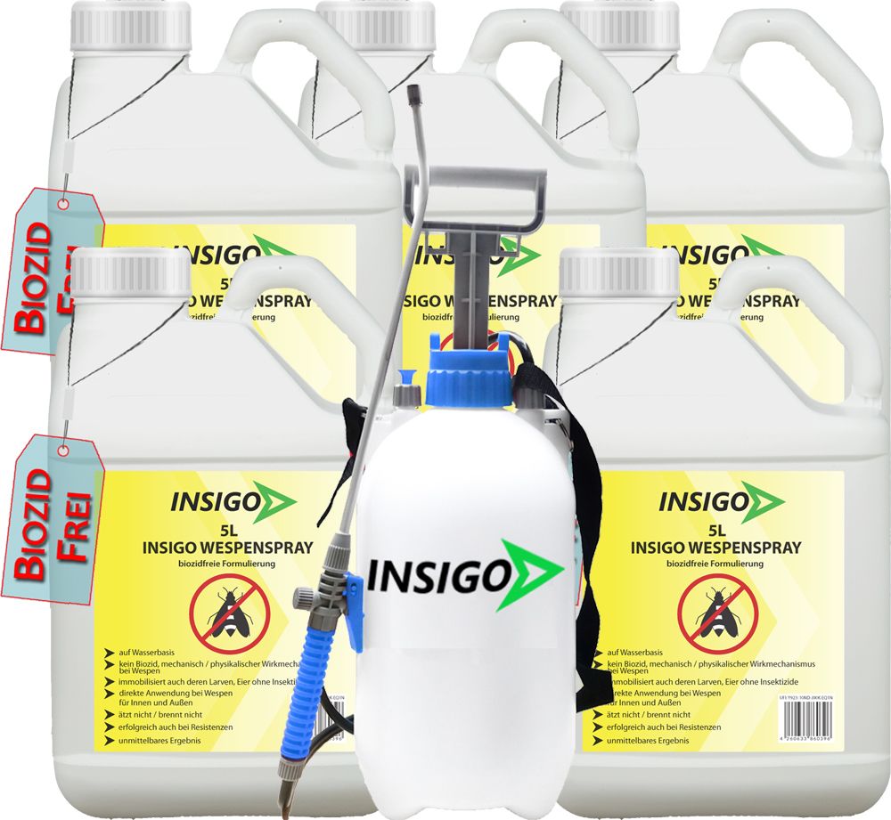 Mehrere weiße Kanister und ein Sprüher. Aufschrift INSIGO Wespenspray. Label BIOZID FREI. Kanister mit Tragegriff.
