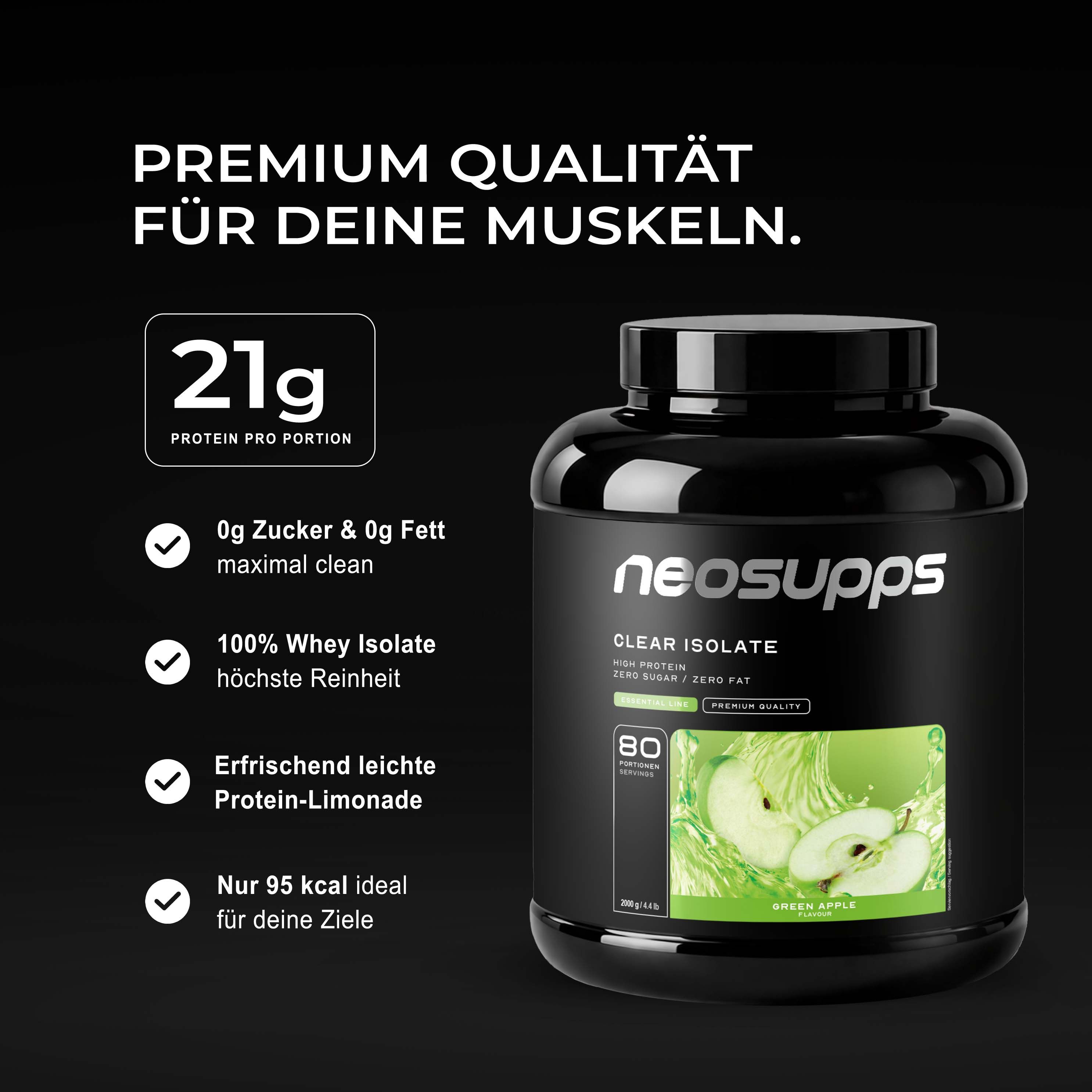 Neosupps Clear Isolate Protein Pulver Behälter mit Liste von Vorteilen und Nährwertangaben.