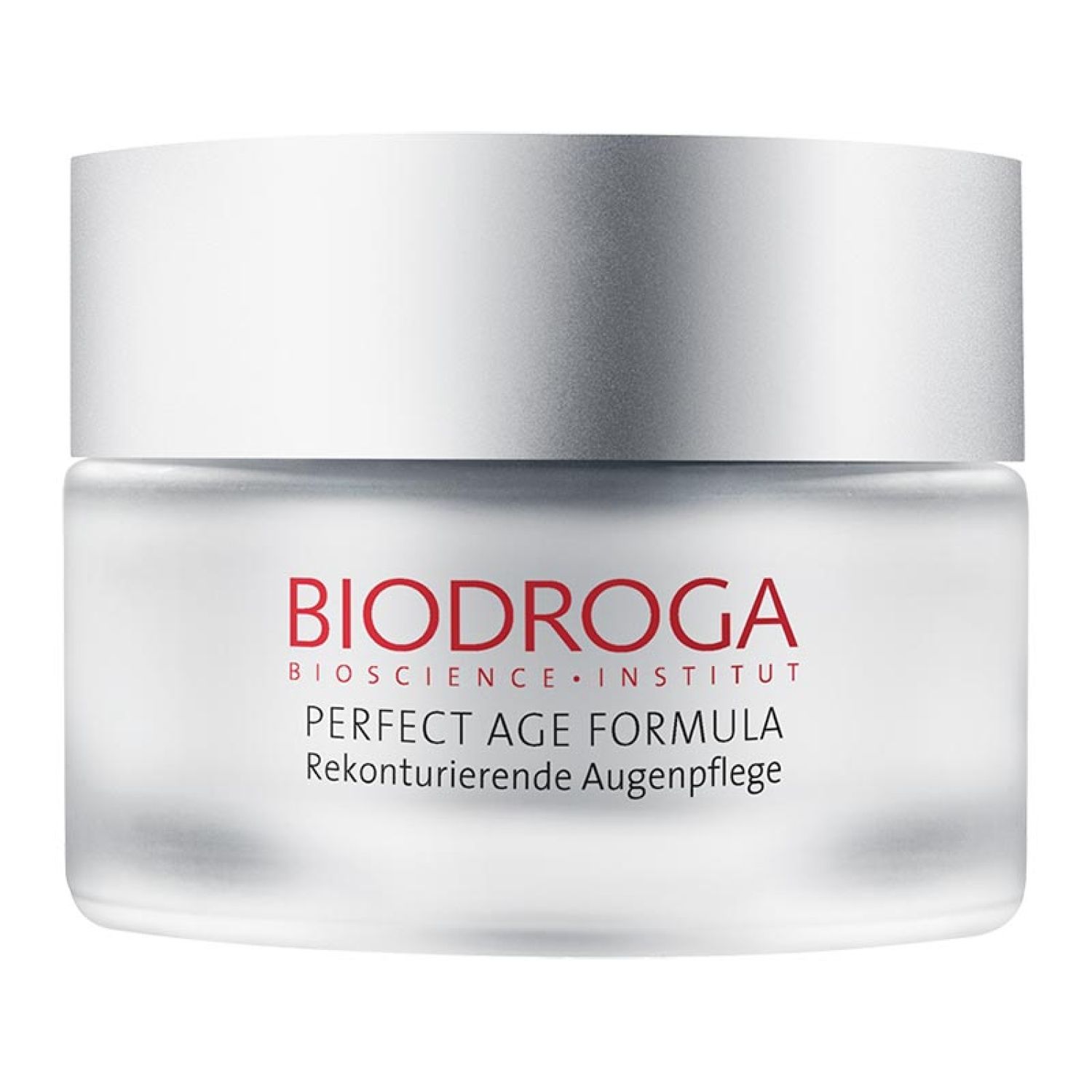 Creme-Tiegel mit silbernem Deckel. Aufschrift: BIODROGA, PERFECT AGE FORMULA, Rekonturierende Augenpflege.
