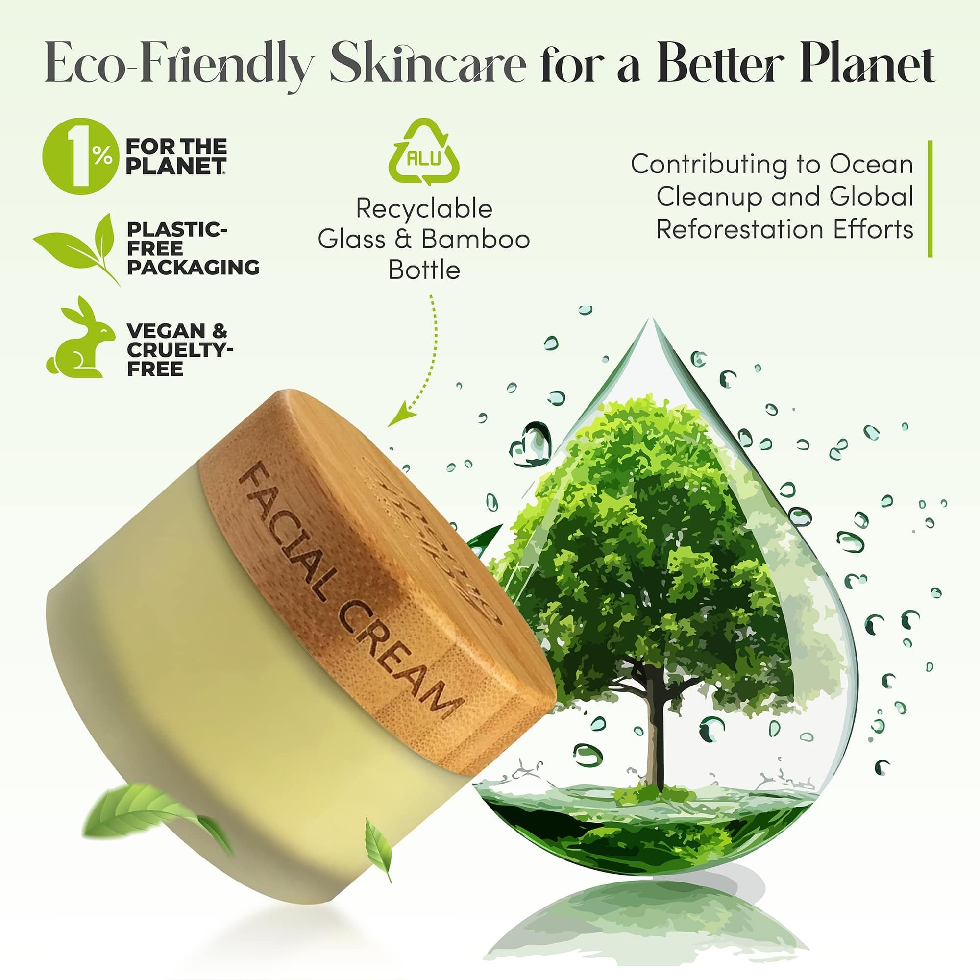 Creme-Tiegel mit Holzdeckel. Aufschrift: Facial Cream. Umweltfreundliche Verpackung. Vegan & Cruelty-Free. Recycelbare Glas- und Bambusflasche.