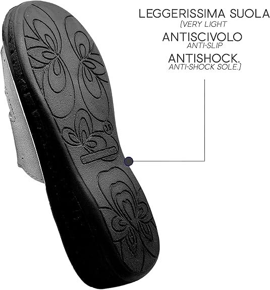 Suola nera con motivo floreale. Testo: 'LEGGERISSIMA SUOLA', 'ANTISCIVOLO', 'ANTISHOCK'.