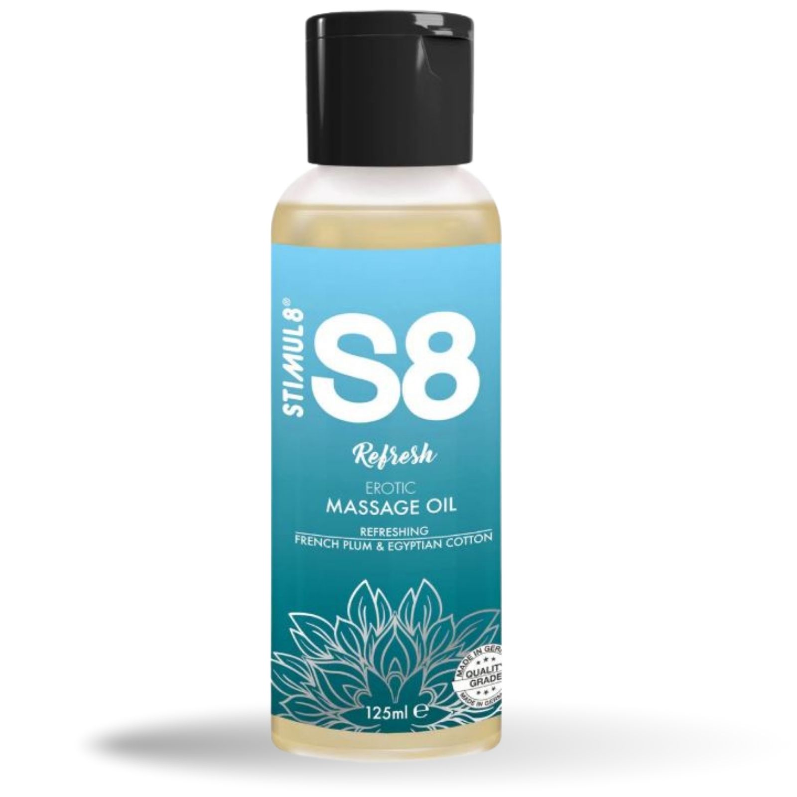 S8 Refresh Erotic Massage Oil. Flasche mit schwarzem Deckel. 125ml. Mit floralem Design und Qualitätszeichen.