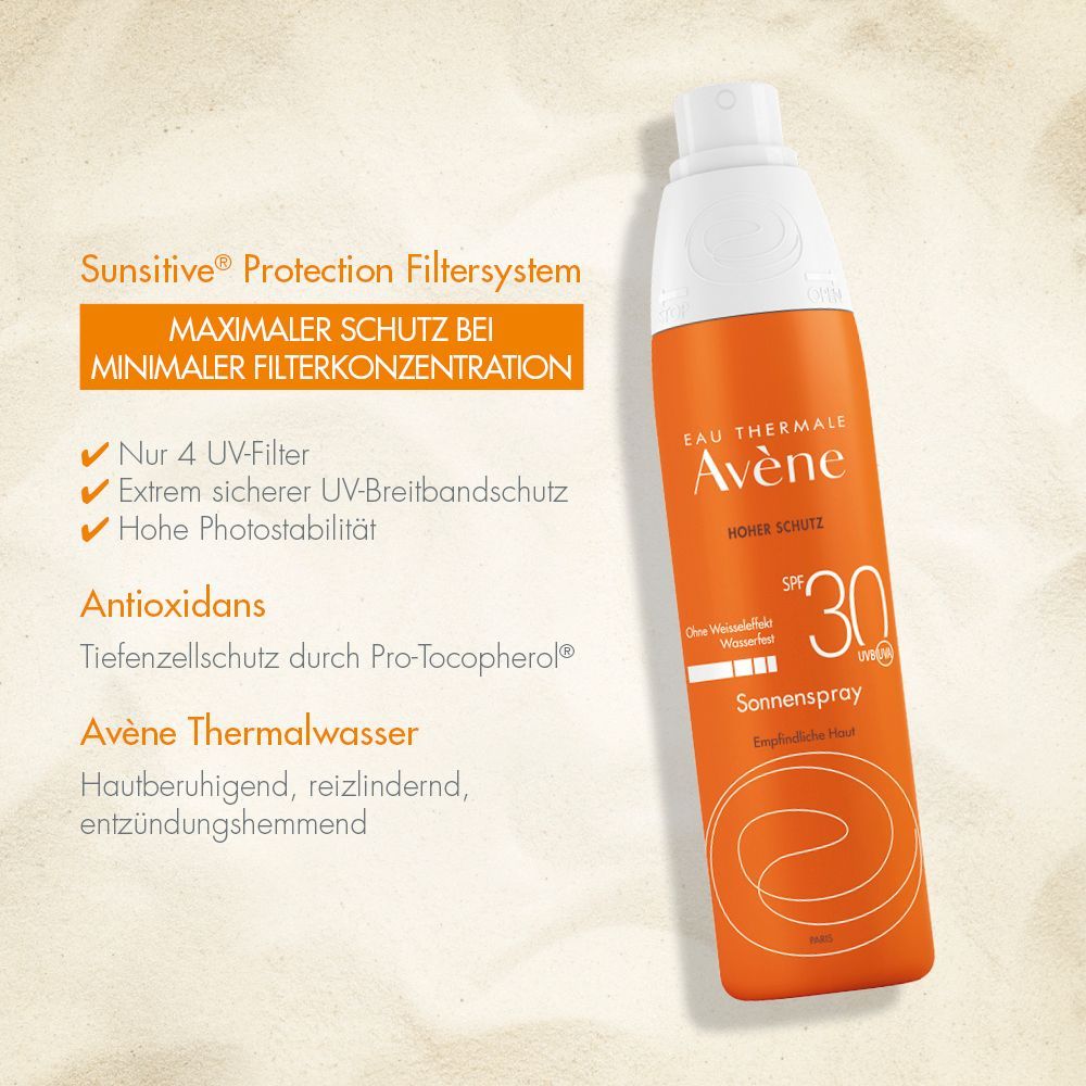 Orangefarbene Sprühflasche mit weißem Deckel. Aufschrift: Eau Thermale Avène, Sonnenspray SPF 30. Text über UV-Schutz und Antioxidantien.