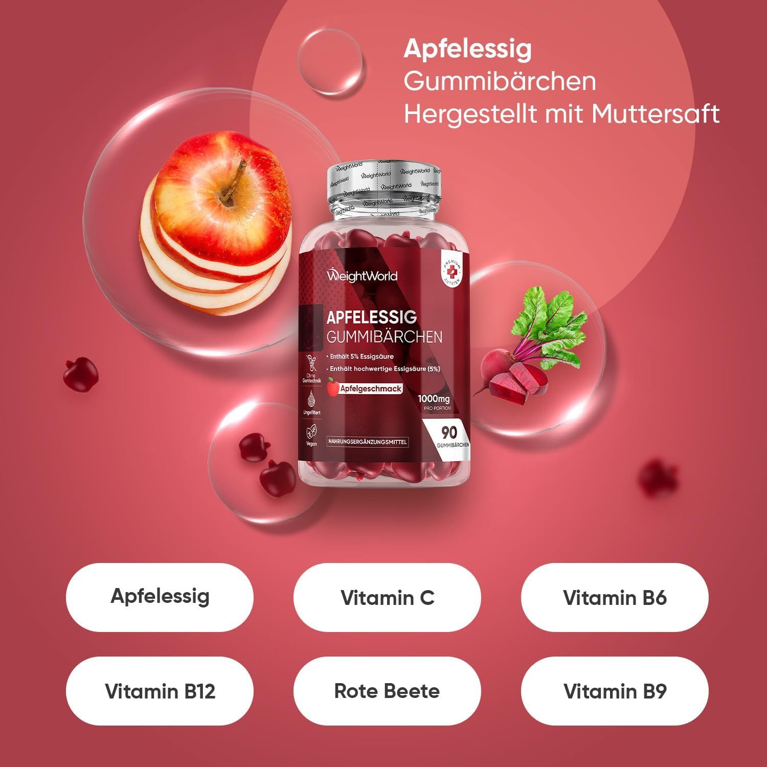 Produktflasche mit Apfelessig Gummibärchen, umgeben von Illustrationen. Zutaten: Apfelessig, Vitamin C, B6, B12, B9, Rote Beete.