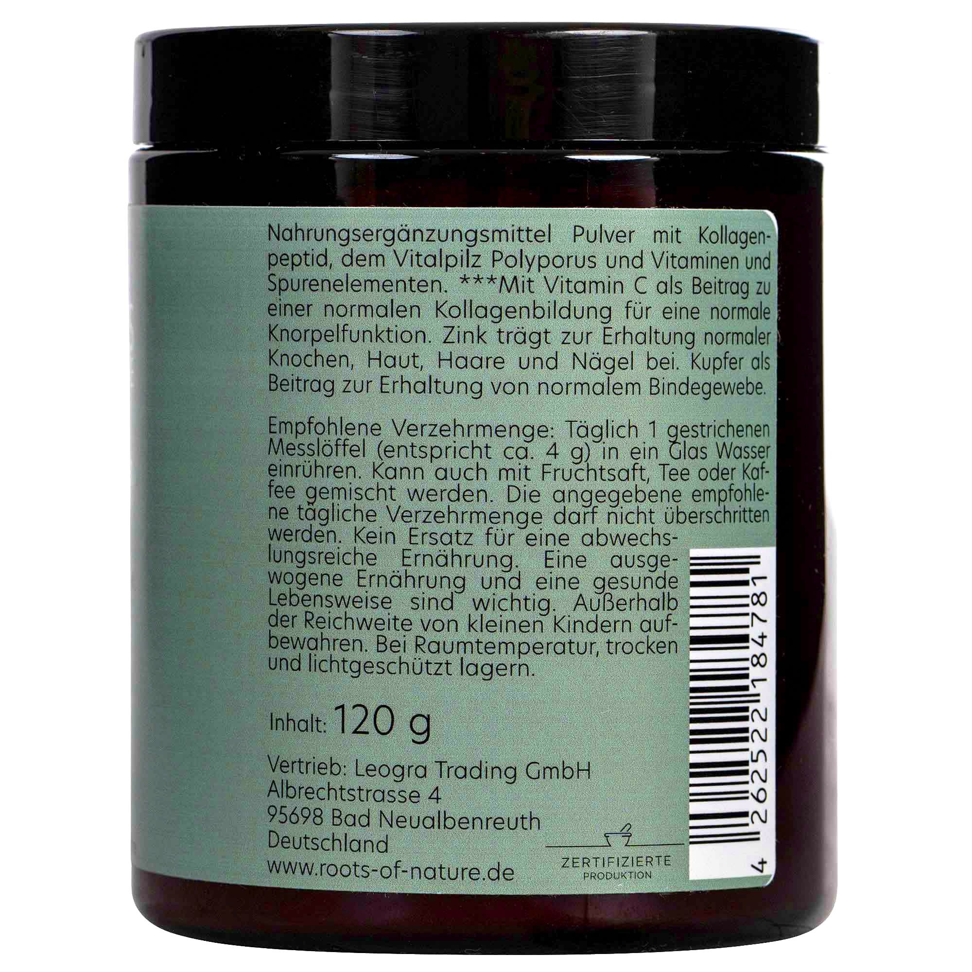 Rückseite der Dose. Text: Nahrungsergänzungsmittel Pulver mit Kollagenpeptid, Vitalpilz Polyporus und Vitaminen. 120g. Zertifizierte Produktion.