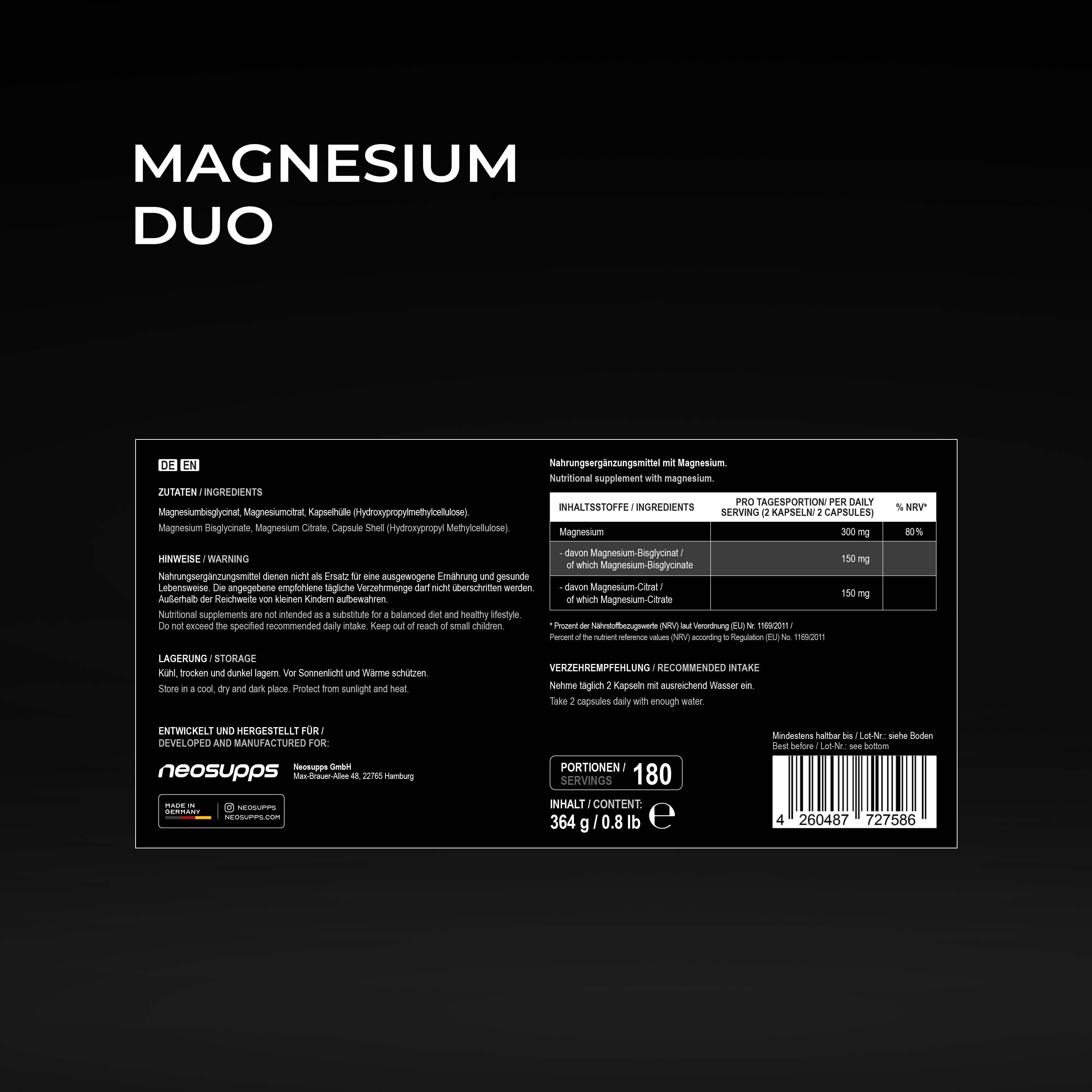 Nährwertangaben Neosupps Magnesium Duo. 180 Portionen (2 Kapseln).