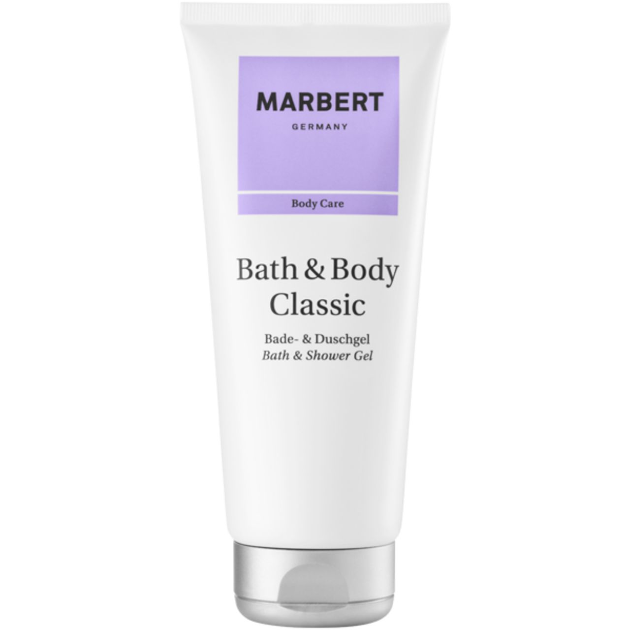 Weiße Tube mit lila Etikett. Aufschrift: MARBERT, GERMANY, Body Care, Bath & Body Classic, Bade- & Duschgel, Bath & Shower Gel. Silberfarbener Verschluss.