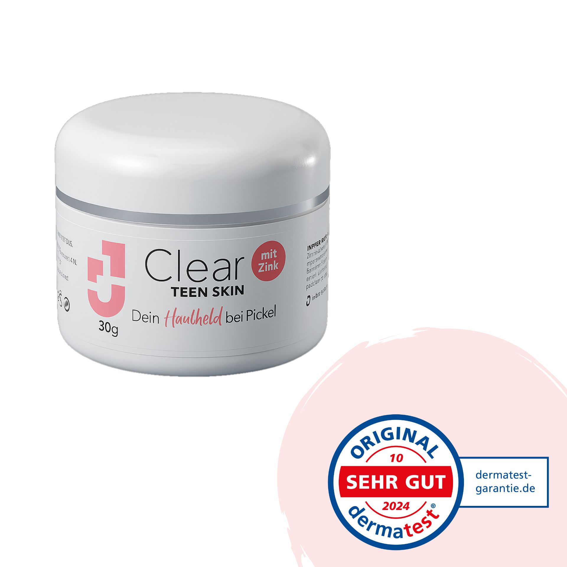 Weiße Creme-Dose mit rosa Akzenten. Aufschrift: Clear TEEN SKIN, Dein Hautheld bei Pickel, 30g. Dermatest-Siegel.