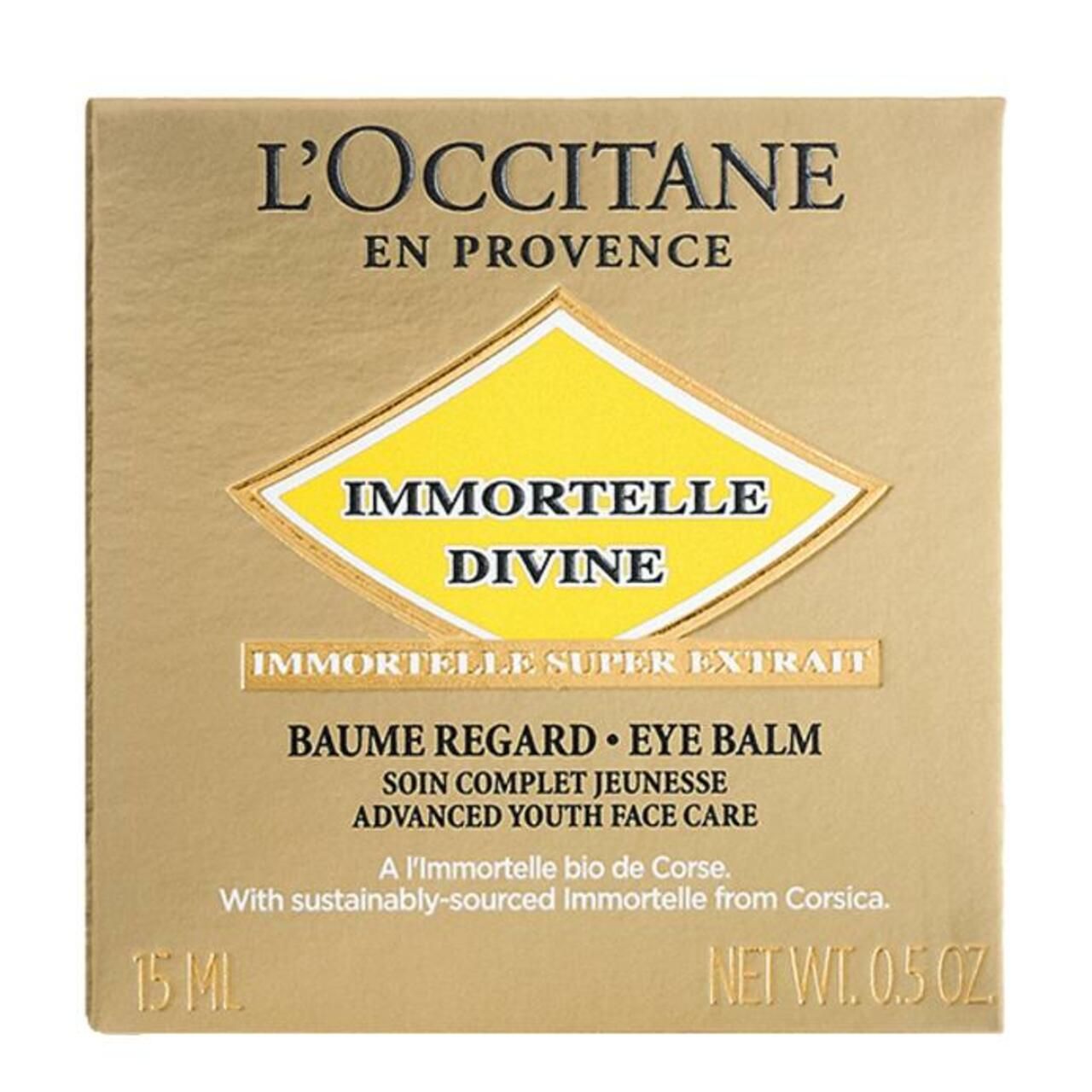 Goldene Schachtel mit Aufschrift: L'Occitane, Immortelle Divine, Baume Regard, Eye Balm.