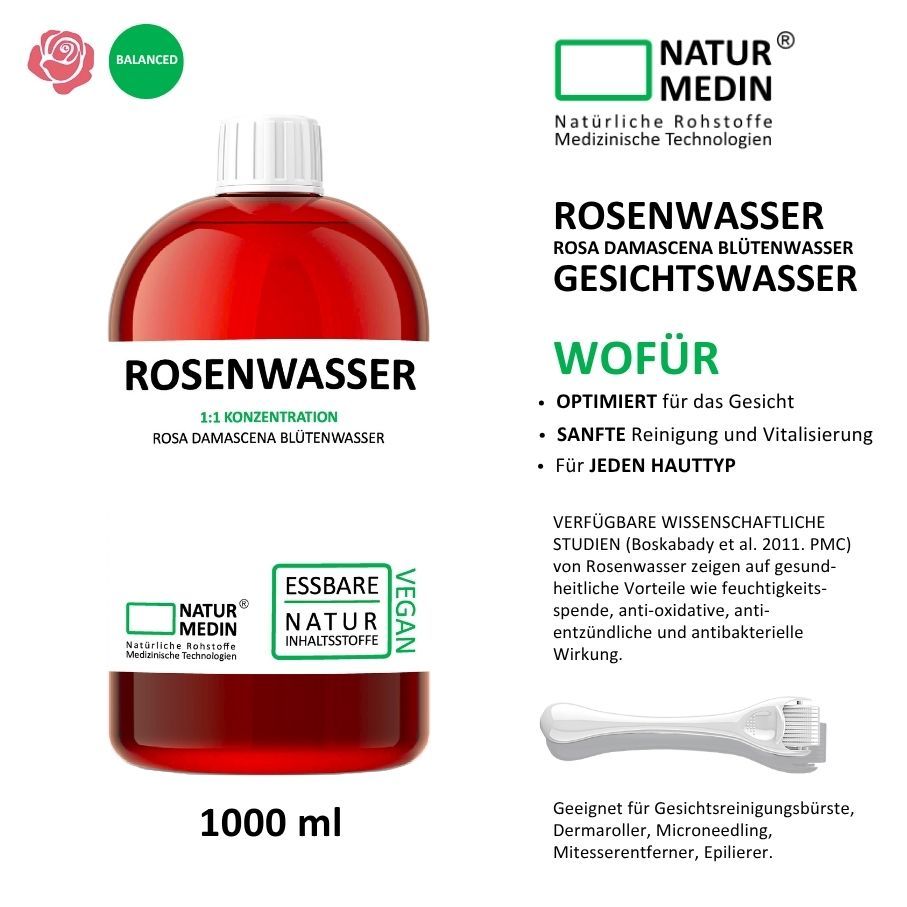 Rote Flüssigkeit in einer Flasche mit weißem Verschluss. Beschriftung: Rosenwasser, 1:1 Konzentration, Rosa Damascena Blütenwasser. Vegan. Mit Roller.