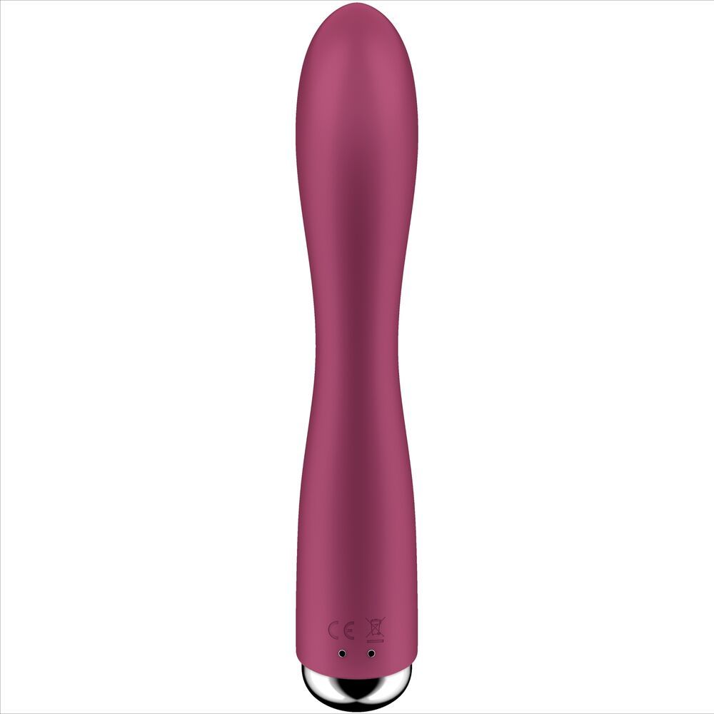 Burgunderfarbener Vibrator mit silberfarbener Basis. CE-Kennzeichnung.