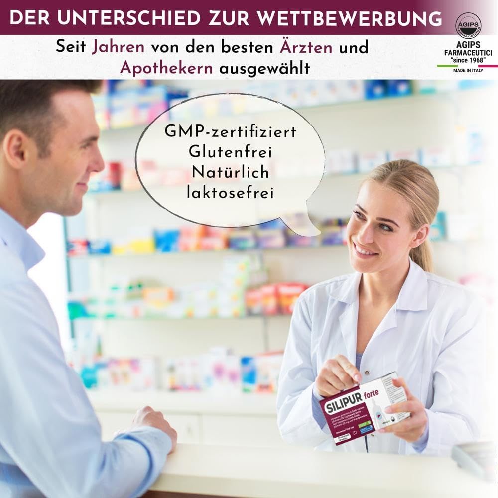Apothekerin berät Mann. Sprechblase: GMP-zertifiziert, glutenfrei, natürlich laktosefrei. Silipur forte Packung. Agips Farmaceutici Logo.