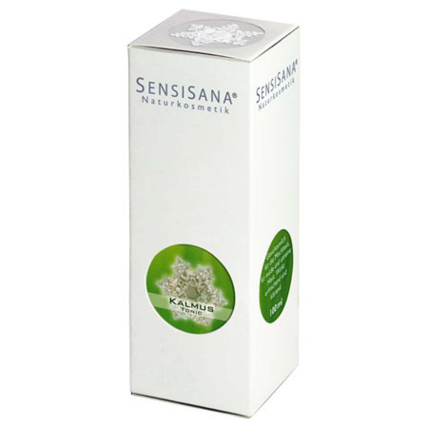 Weiße Verpackung mit Sensisana-Logo und Produktbezeichnung Kalmus Tonic. Grünes Etikett mit Produktinformationen.