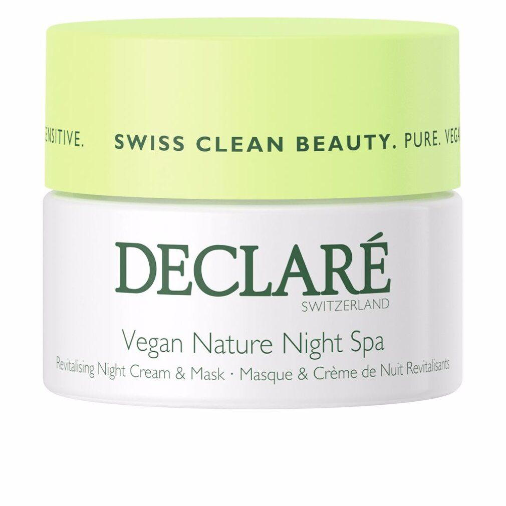 Creme-Tiegel mit grünem Deckel. Aufschrift: DECLARÉ Vegan Nature Night Spa. Revitalisierende Nachtcreme & Maske.