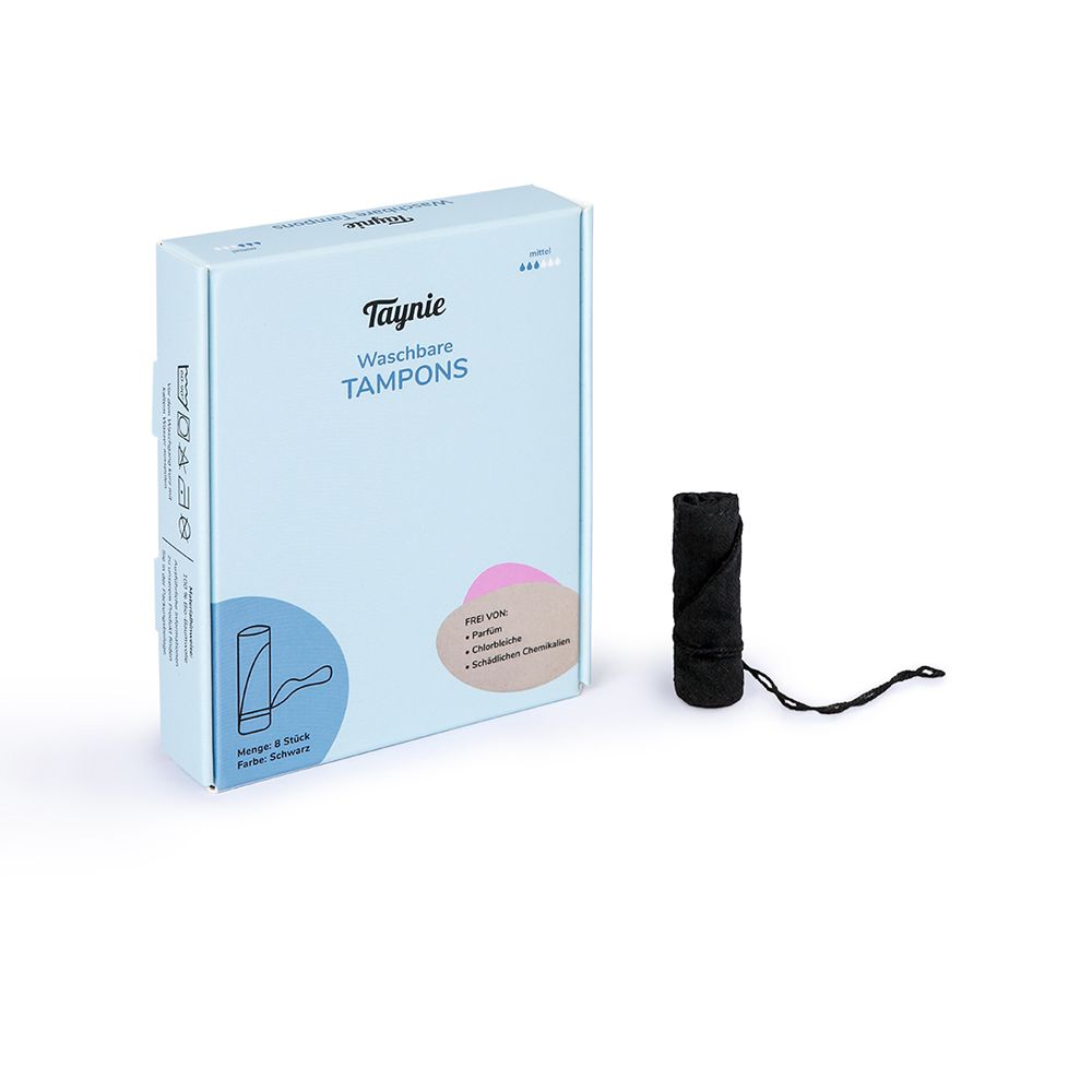 Hellblaue Schachtel mit schwarzem, waschbarem Tampon. Aufschrift: Taynie Waschbare Tampons. Illustration.