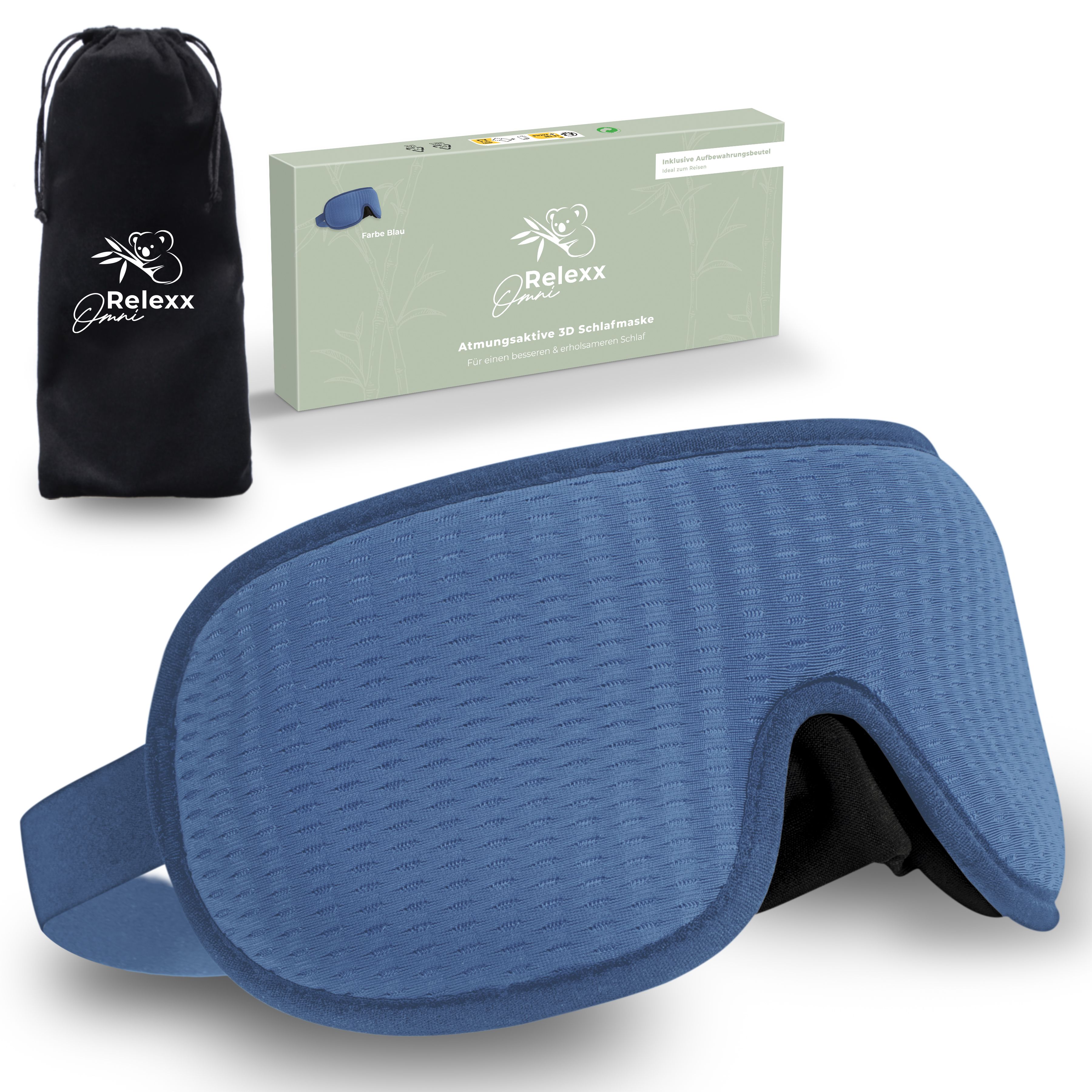 Blaue Schlafmaske, Verpackung und Beutel. Marke: Relexx Omni.
