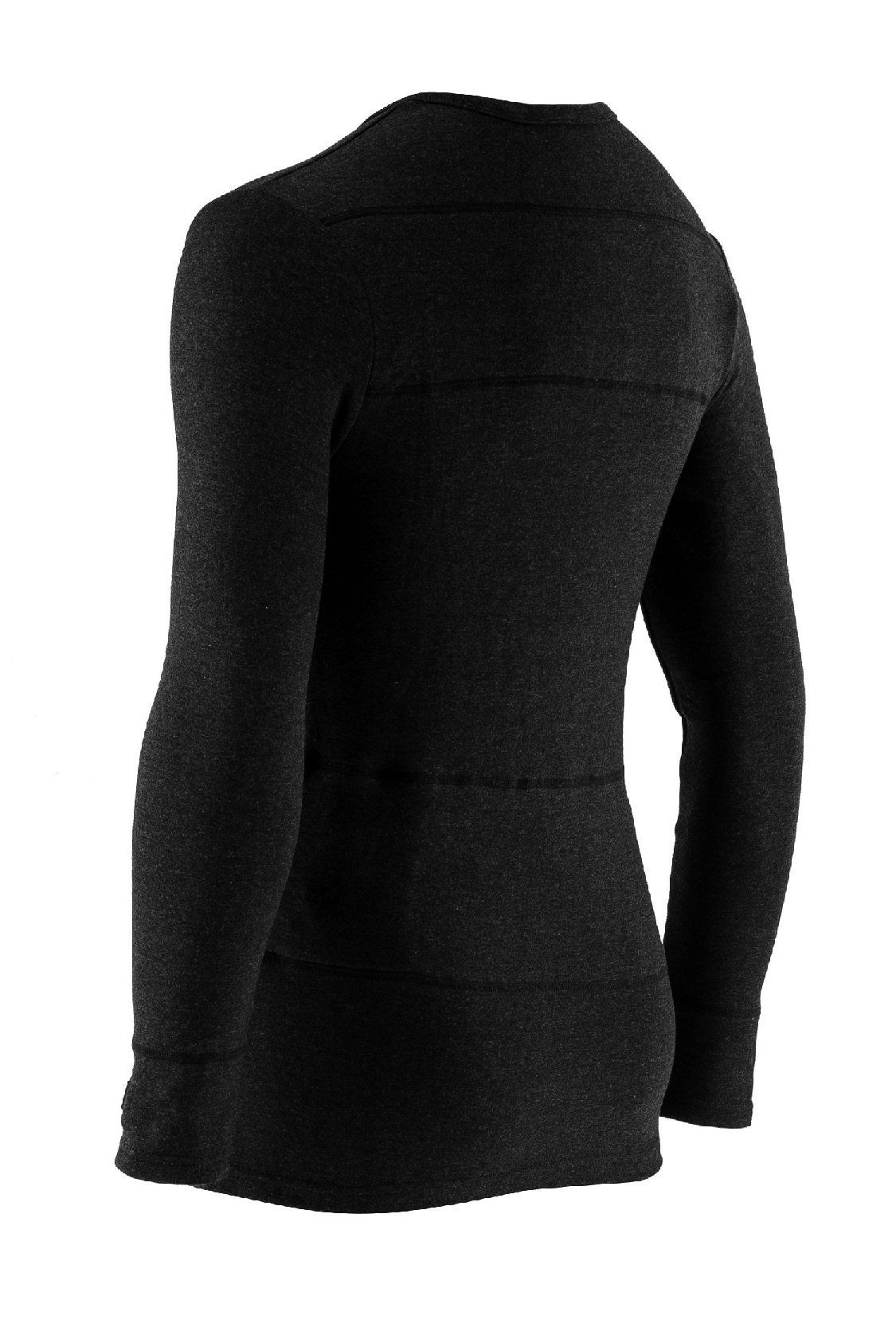 Dunkelgraues Langarm-Thermo-Shirt. Rückansicht. Horizontal verlaufende Nähte im Rückenbereich.