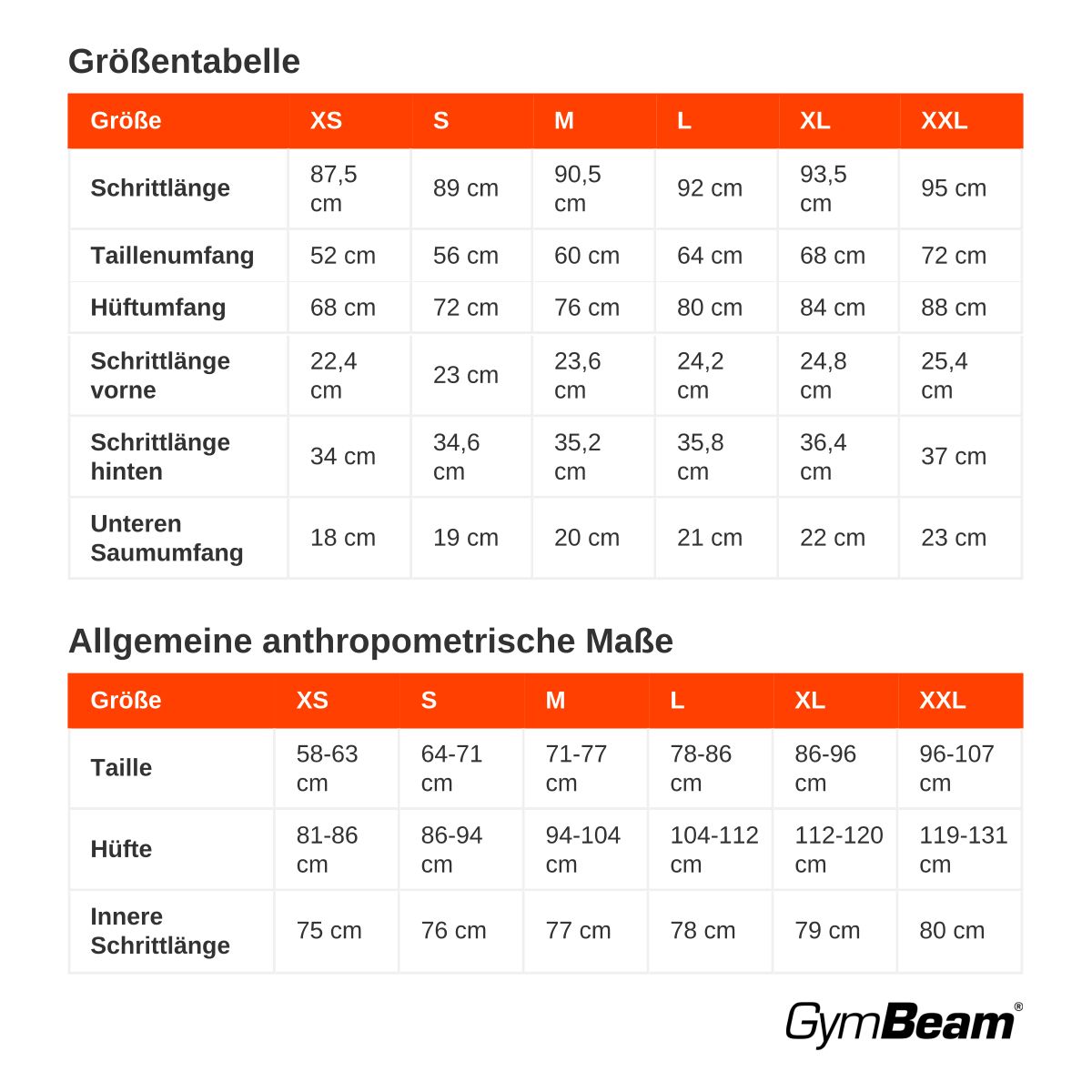 Größentabelle mit Maßen für Schrittlänge, Taillen- und Hüftumfang für Kleidung in den Größen XS bis XXL.