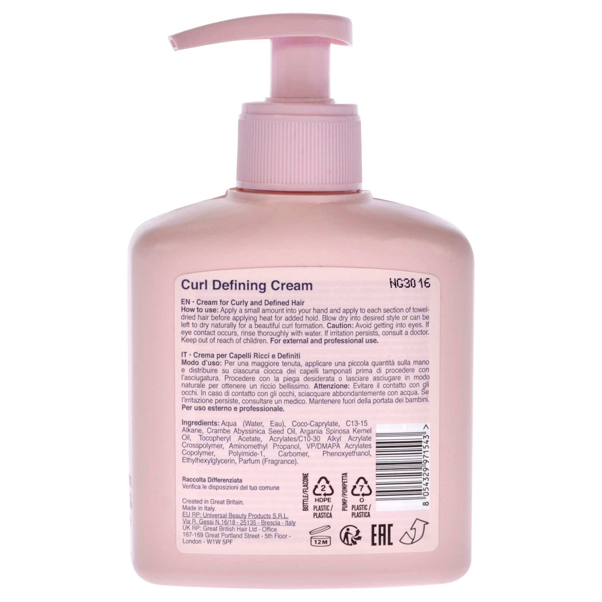 Eine rosa Flasche mit Pumpspender für Locken definierendes Cremeprodukt.