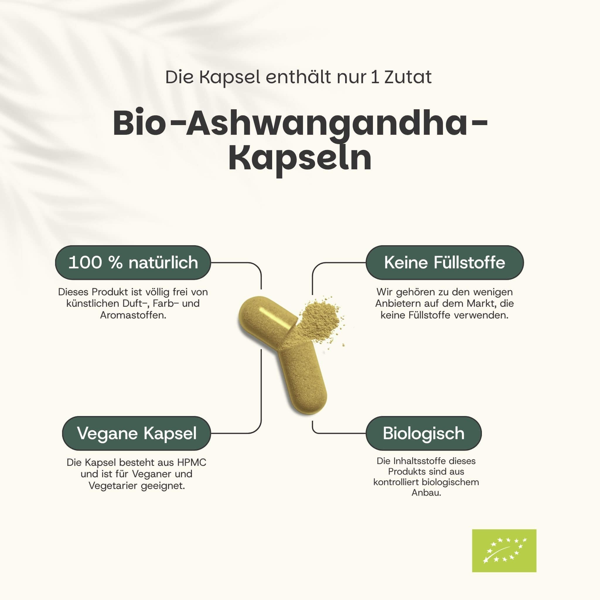 Beutel mit Ashwagandha-Kapseln. Text: Ashwagandha Organic Supplement. 60 Kapseln. Gelbe Markierungen mit Text.