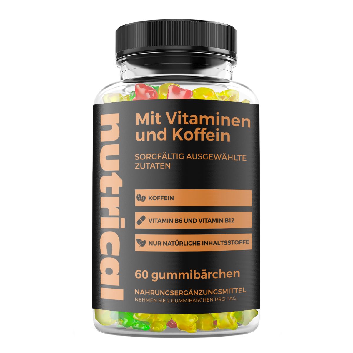 Klare Flasche mit schwarzen Deckel, gefüllt mit Gummibärchen. Etikett mit Text: Mit Vitaminen und Koffein. Marke: Nutrical.