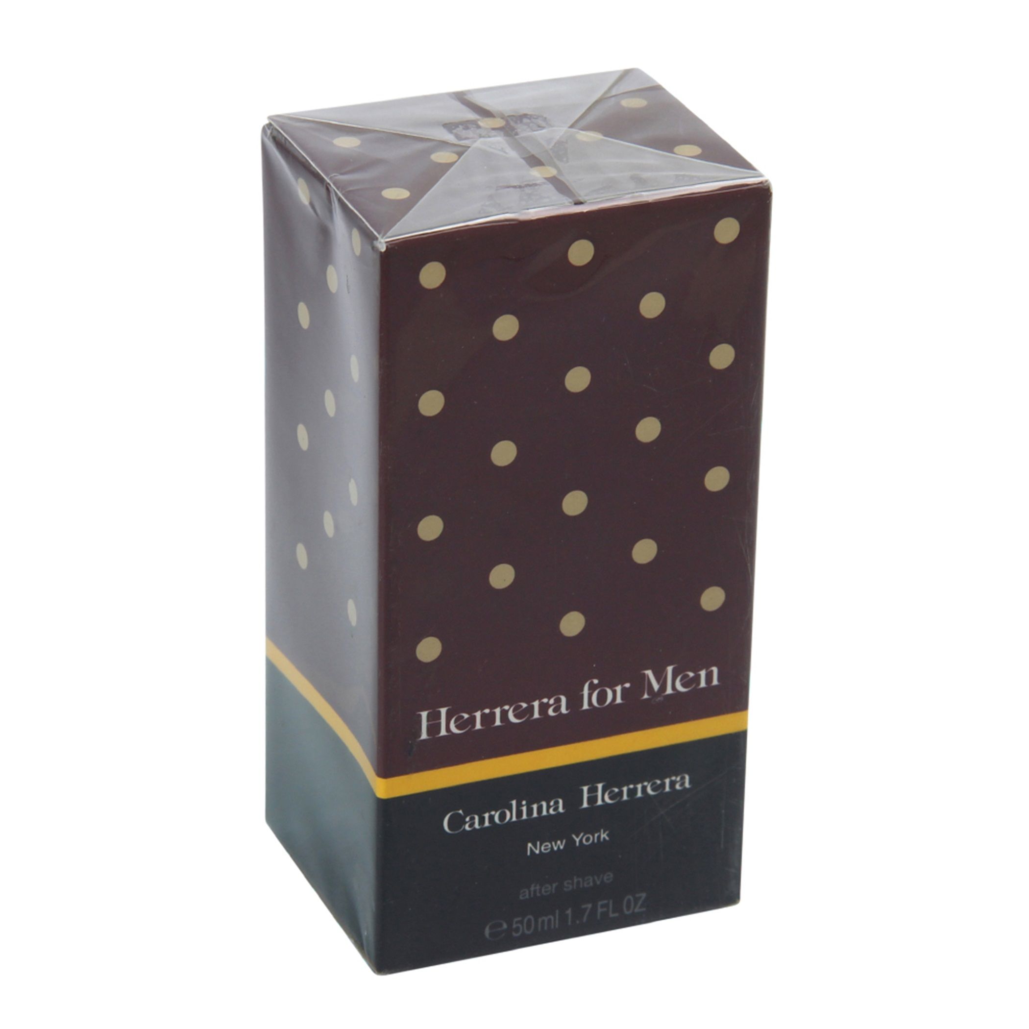 Verpackung von After Shave. Braune Schachtel mit goldenen Punkten. Aufschrift: Herrera for Men, Carolina Herrera, New York.