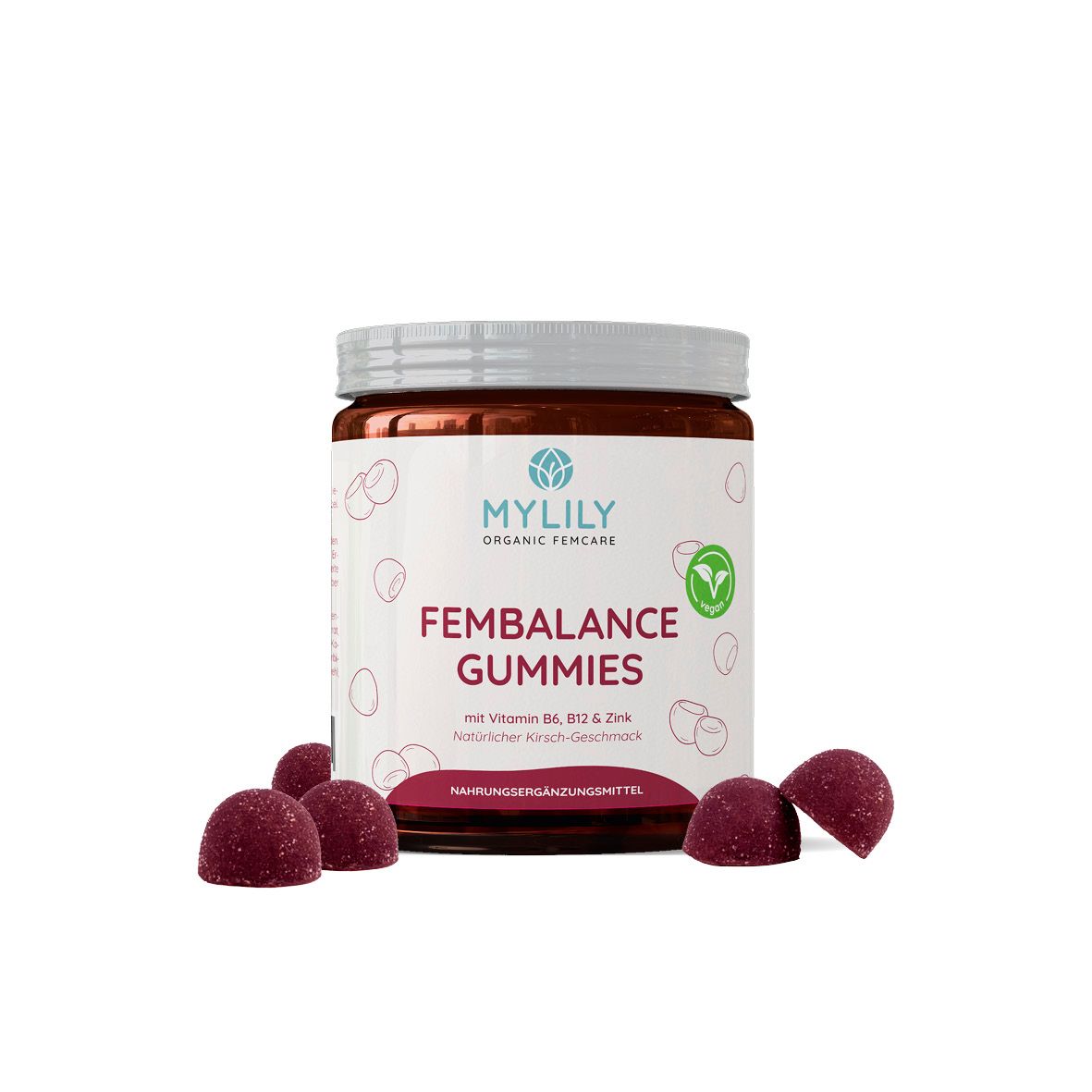 Runde Dose mit MYLILY Fembalance Gummies. Aufschrift: Fembalance Gummies, mit Vitamin B6, B12 & Zink. Einige Gummies daneben.