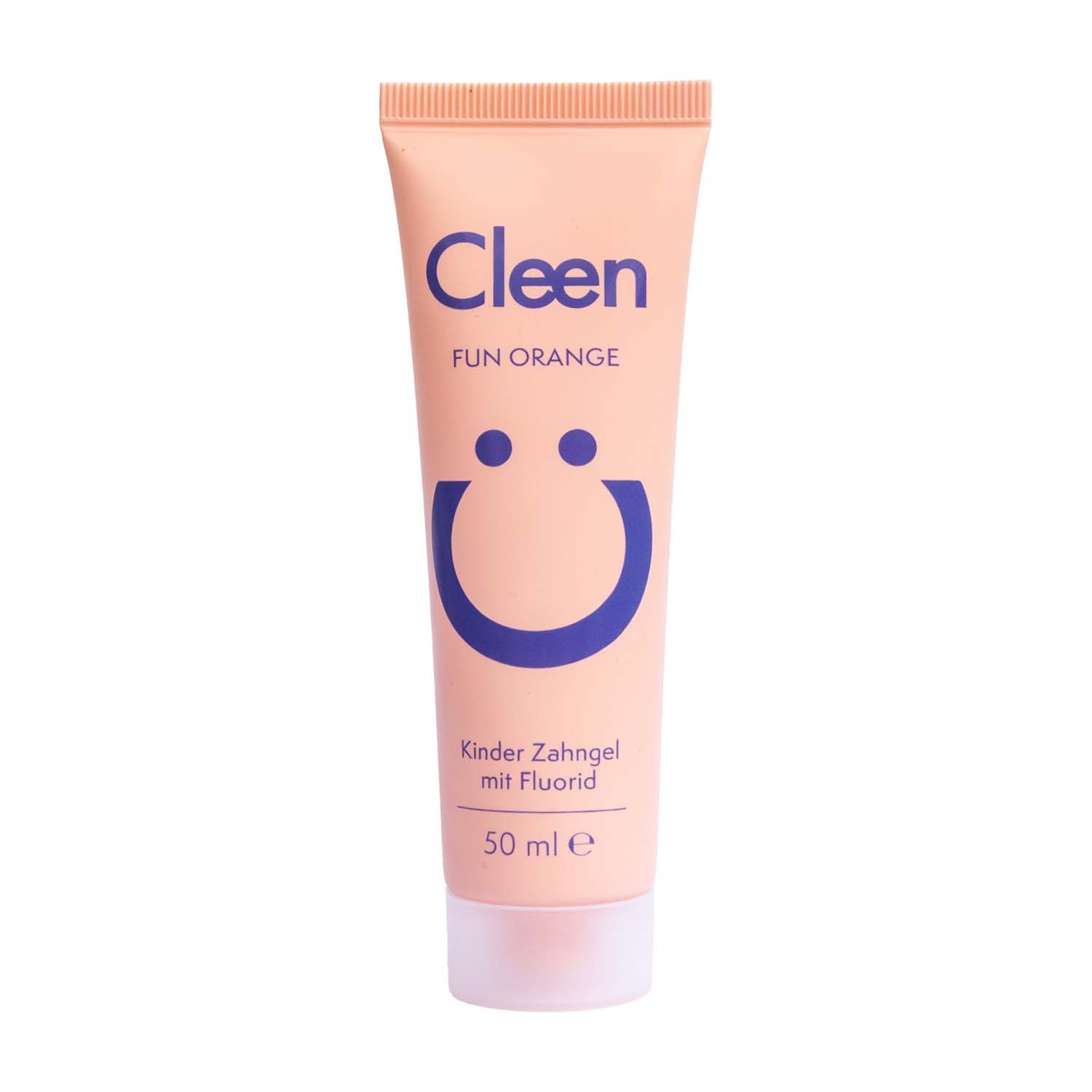 Zahngel-Tube, orangefarben, mit blauem Smiley-Gesicht. Text: Cleen, Fun Orange. Kinder Zahngel mit Fluorid. 50 ml.